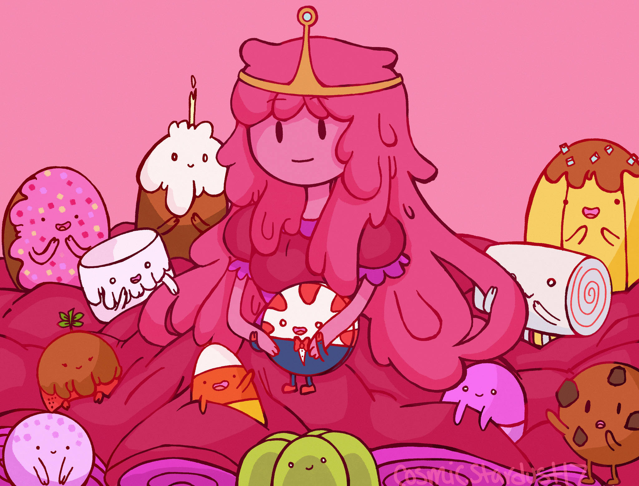 Princess 桌布 壁紙 — 一位粉紅色頭髮、戴著皇冠的公主坐在粉紅色背景上，周圍是微笑的擬人化甜點。