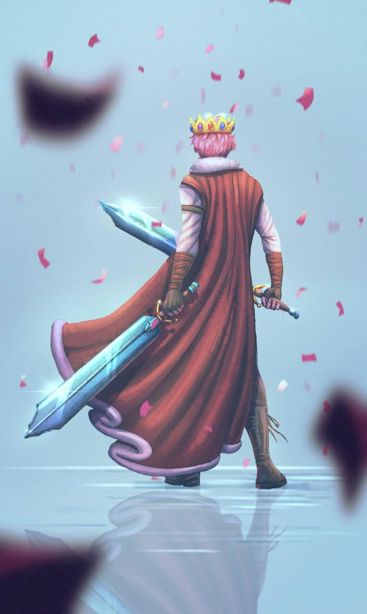 technoblade 桌布 壁紙 — 一位粉紅色頭髮、戴著皇冠的戰士，身穿飄逸的紅色斗篷，手持兩把發光的劍走開，周圍有粉紅色的花瓣飄落。