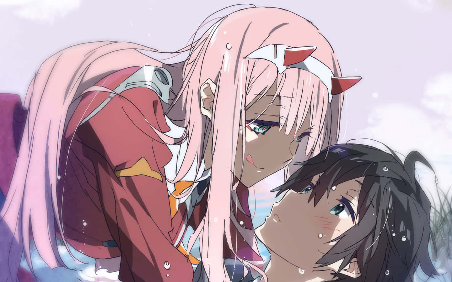 DARLING in the FRANXX 桌布 壁紙 — 一位粉紅色頭髮、戴著貓耳的動畫女孩，在柔和天空下，靠近一個深色頭髮的女孩，分享一個溫柔的時刻。