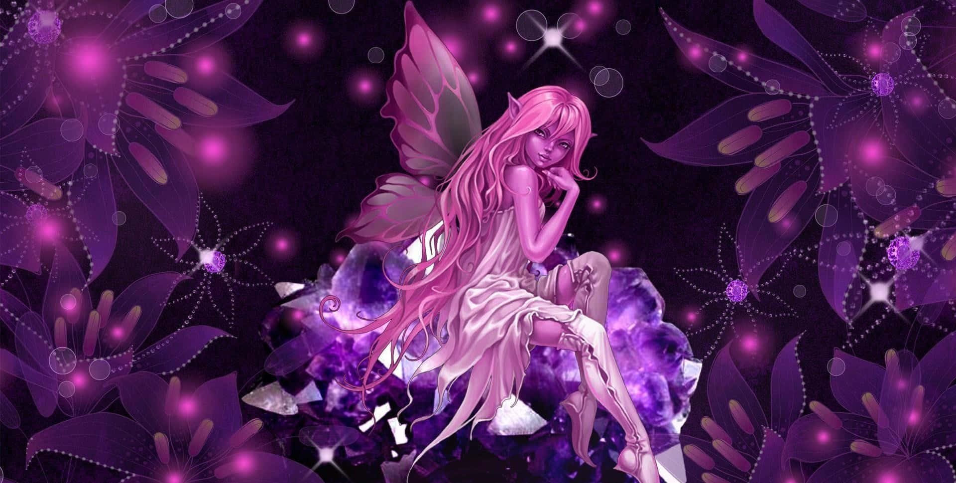 仙女 桌布 壁紙 — 一位粉紅色頭髮、擁有半透明翅膀的精靈優雅地坐在發光的紫色水晶上，周圍環繞著發光的花卉圖案。