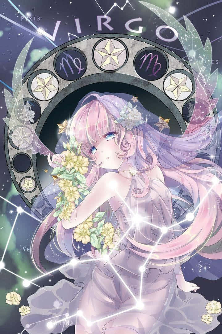 Virgo 桌布 壁紙 — 一位粉紅色頭髮、擁有星之翼的動漫女孩，在宇宙星空背景下，於處女座星座輪前手持黃色花朵。