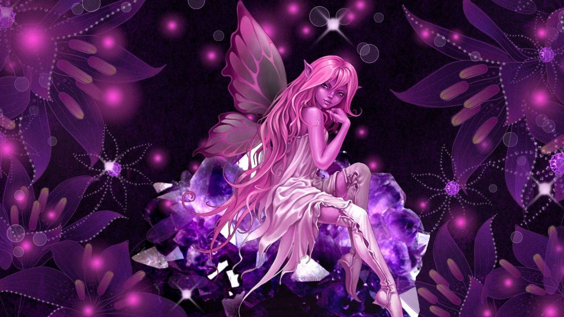 仙女美學 桌布 壁紙 — 一位粉紅色頭髮、擁有蝴蝶翅膀的仙女優雅地坐在發光的紫色水晶上，周圍環繞著魔法花朵和閃爍的光芒。