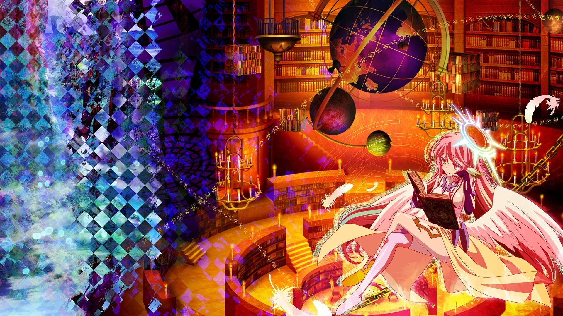 game 桌布 壁紙 — 一位粉紅色頭髮、有翅膀的動漫女孩在一個充滿漂浮地球儀和發光蠟燭的宏偉圖書館裡看書。
