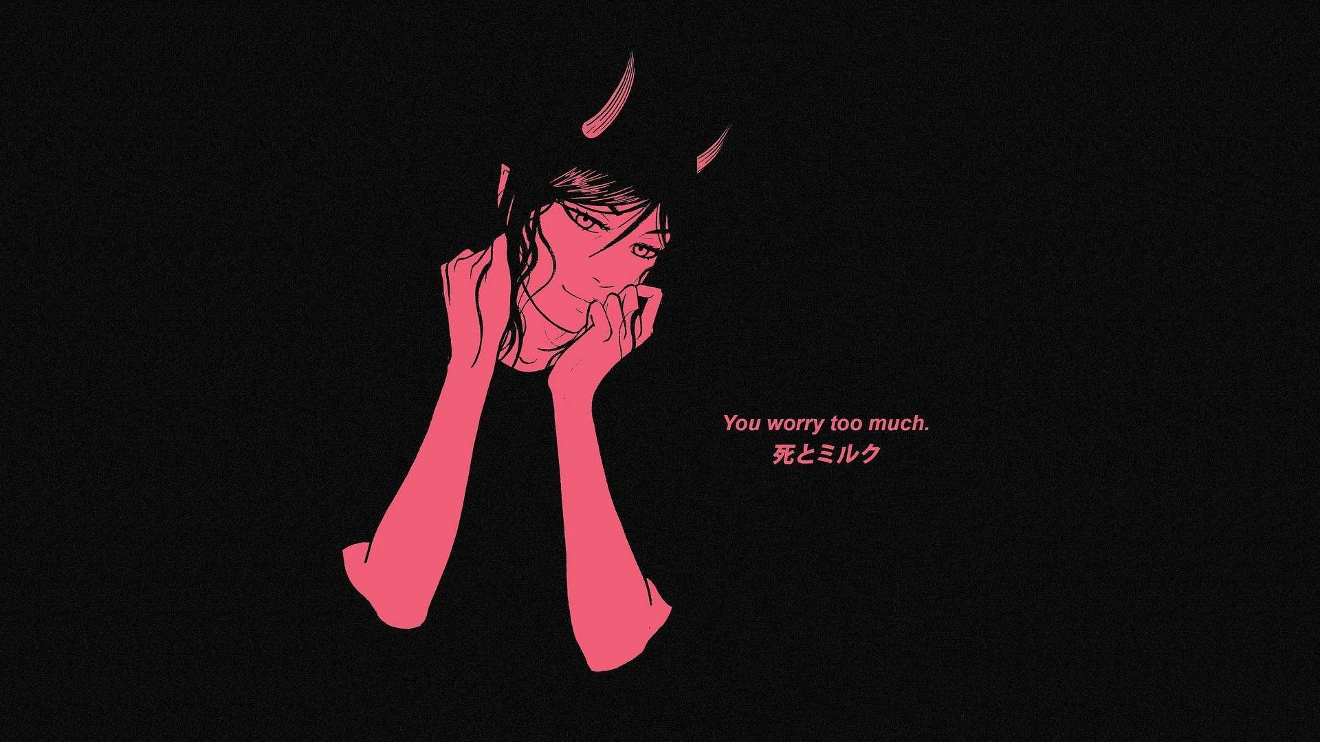 Sad Demon Girl 桌布 壁紙 — 一位粉紅色頭髮、有角的動漫女孩，在黑色背景上有文字的情況下，將下巴擱在手上。