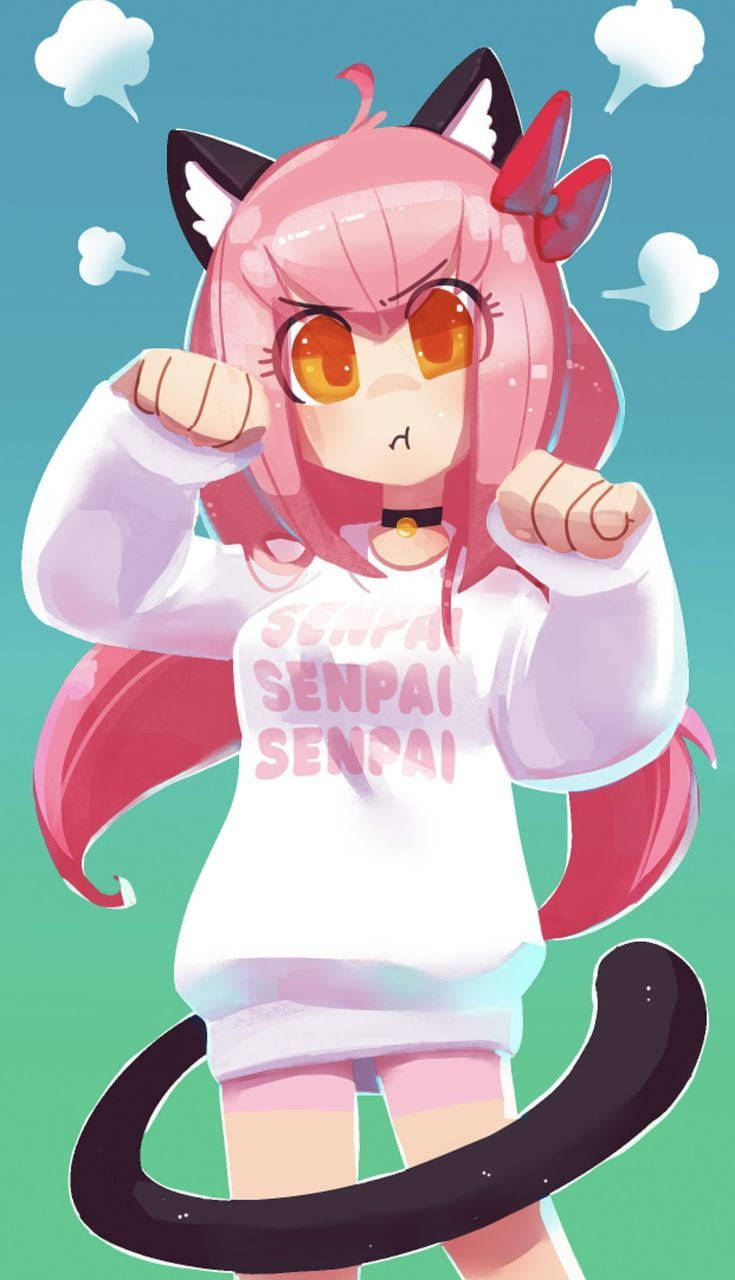 Aphmau 桌布 壁紙 — 一位粉紅色頭髮、有貓耳和尾巴的動漫女孩，在藍綠色漸變的天空下，用火熱的眼神向前出拳。