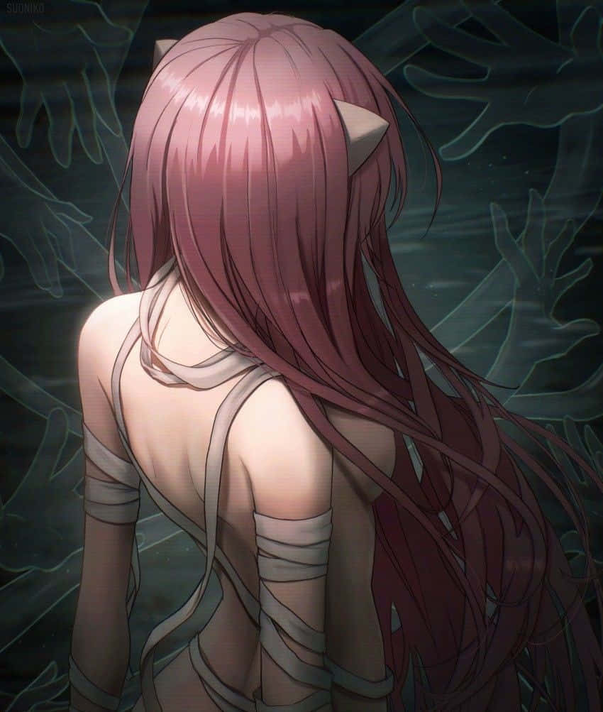 Elfen Lied 桌布 壁紙 — 一位粉紅色頭髮、有貓耳和繃帶的動漫女孩站在黑暗的水中，周圍環繞著發光的珊瑚狀植物。