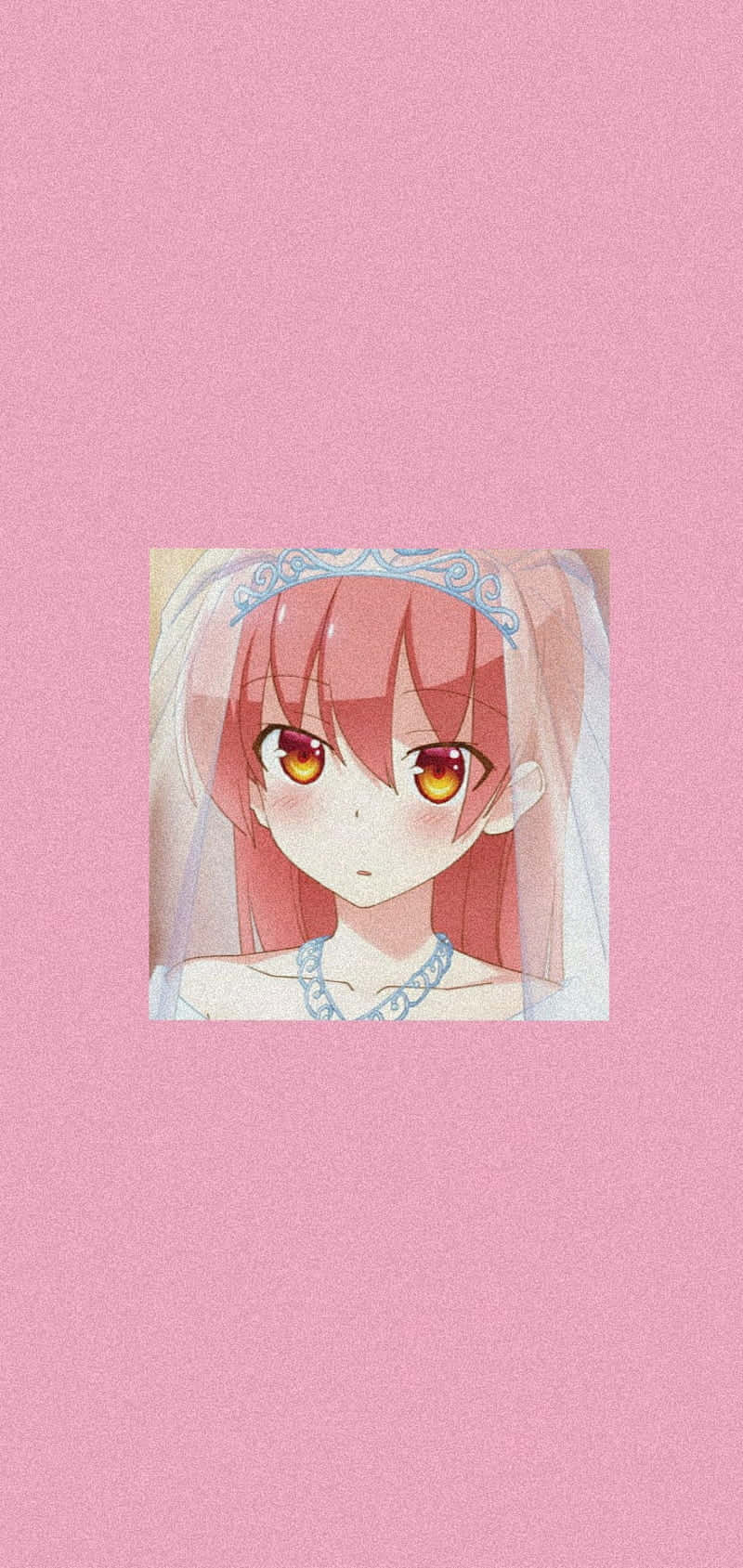 Pink Aesthetic Anime Phone 桌布 壁紙 — 一位粉紅色頭髮、琥珀色眼睛的動漫新娘，戴著精緻的面紗，在柔和的粉紅色紋理背景上溫柔地凝視。