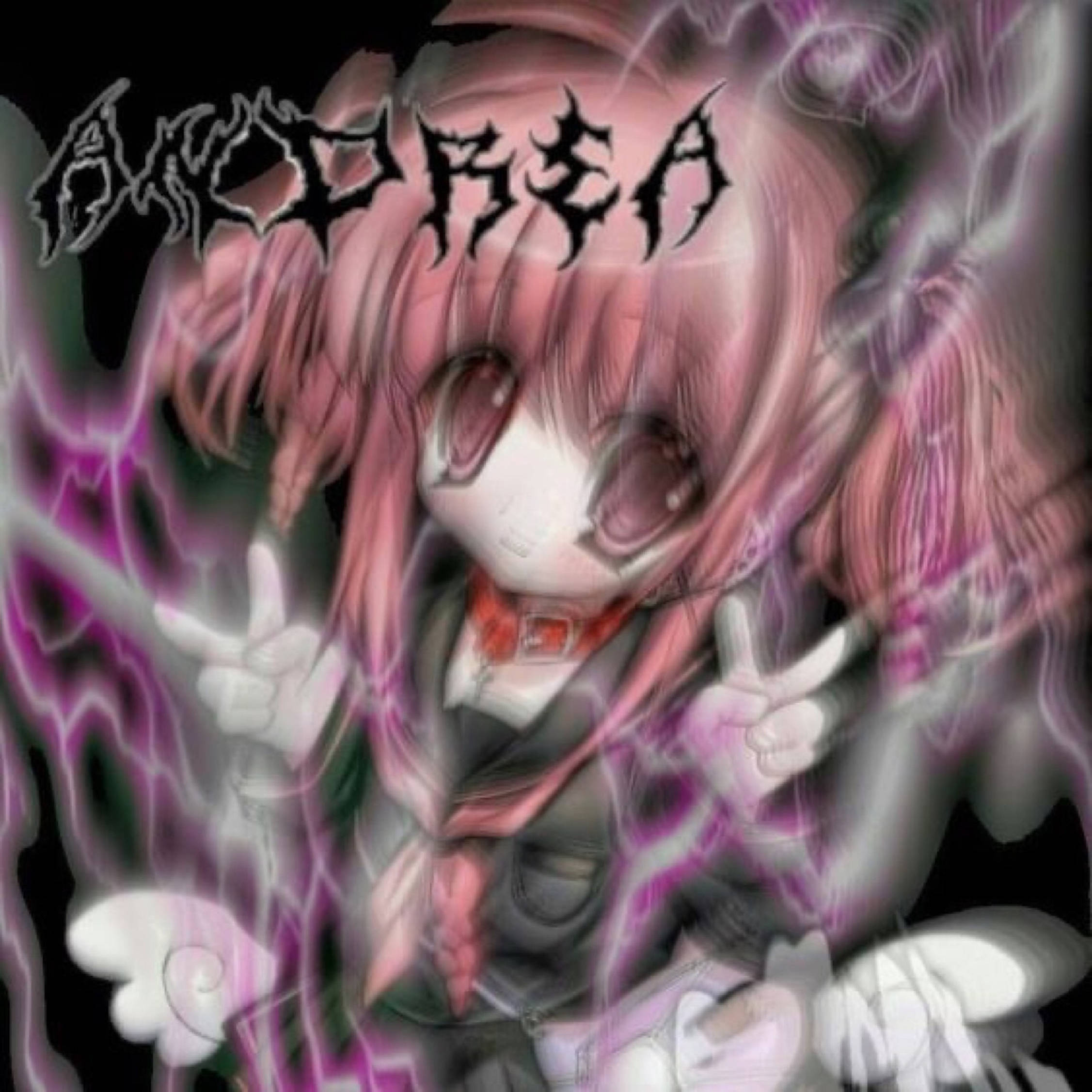 emo 頭像 桌布 壁紙 — 一位粉紅色頭髮、眼睛發光的動漫女孩在黑暗背景中做出和平手勢，伴隨著紫色閃電效果。