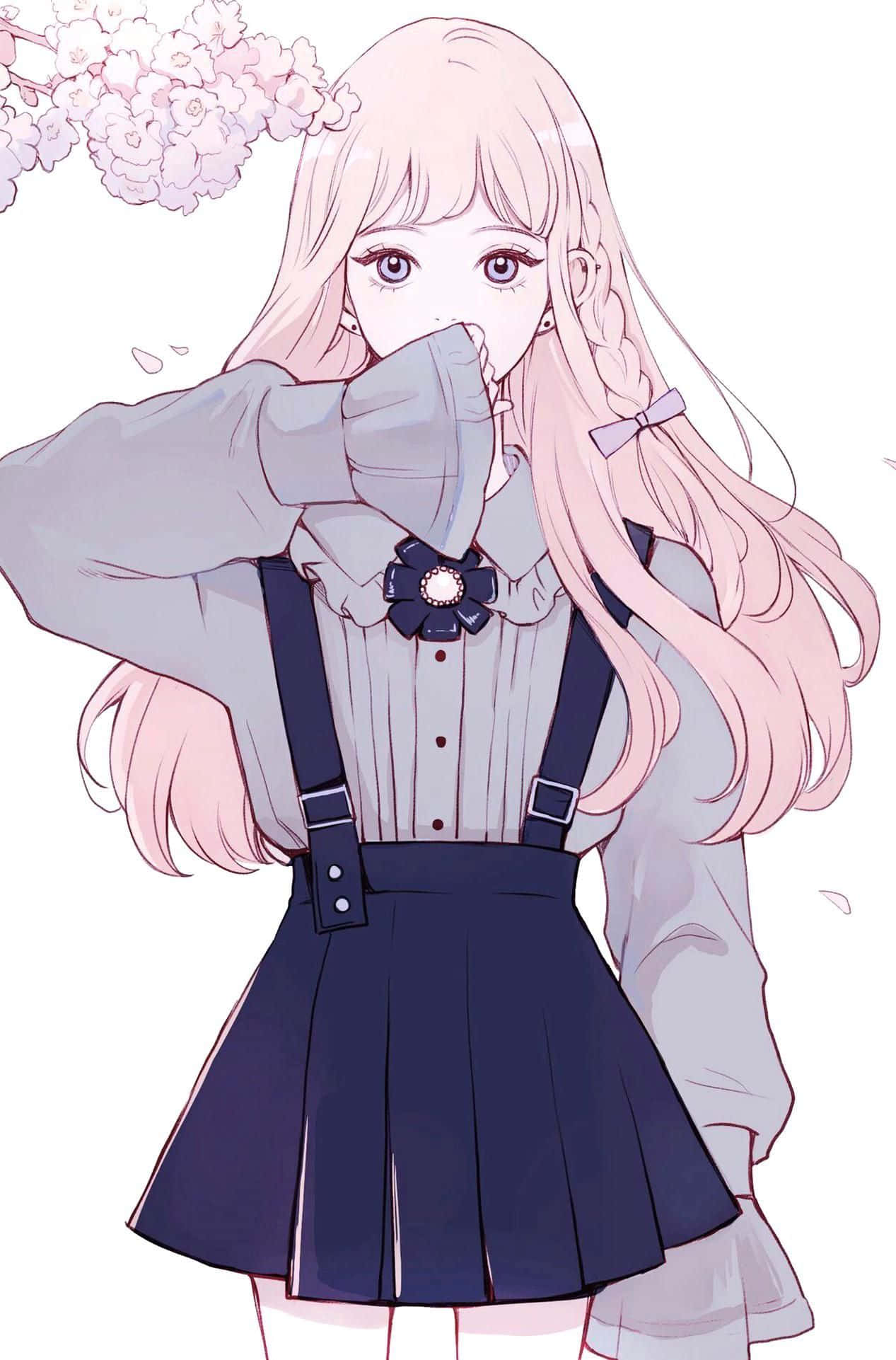 Aesthetic Anime Pfp 桌布 壁紙 — 一位粉紅色頭髮、穿著海軍藍百褶裙的纖細動漫女孩，在櫻花飄落時掩住嘴巴。