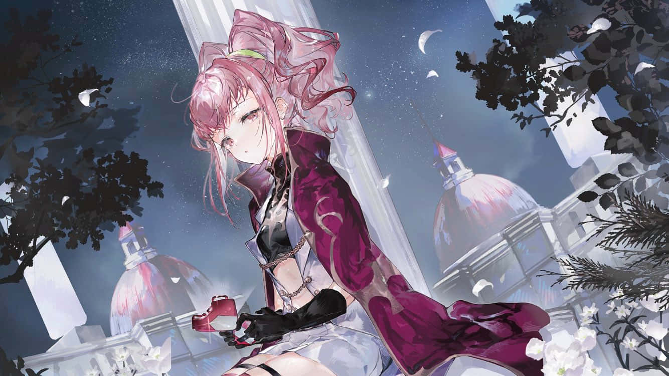 Anya Alstreim 桌布 壁紙 — 一位粉紅色頭髮、穿著紫色外套的動漫女孩坐在星空下、圓頂建築之間飄落的花瓣中。