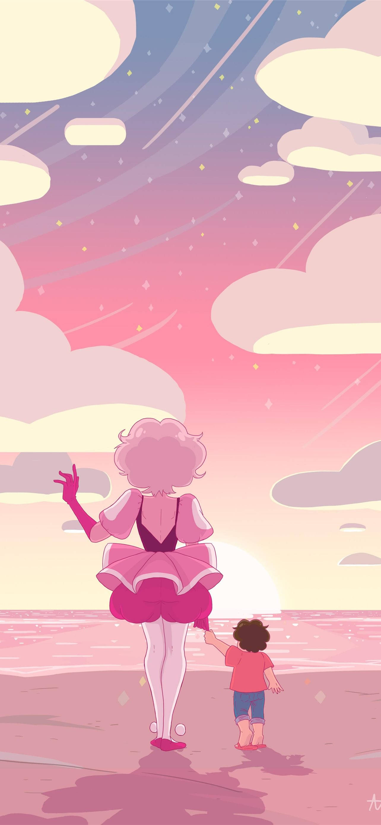 Steven Universe iPad 桌布 壁紙 — 一位粉紅色頭髮、穿著荷葉邊裙子的女士，在粉彩天空、浮雲和流星下，牽著一個孩子的手在海灘上散步。