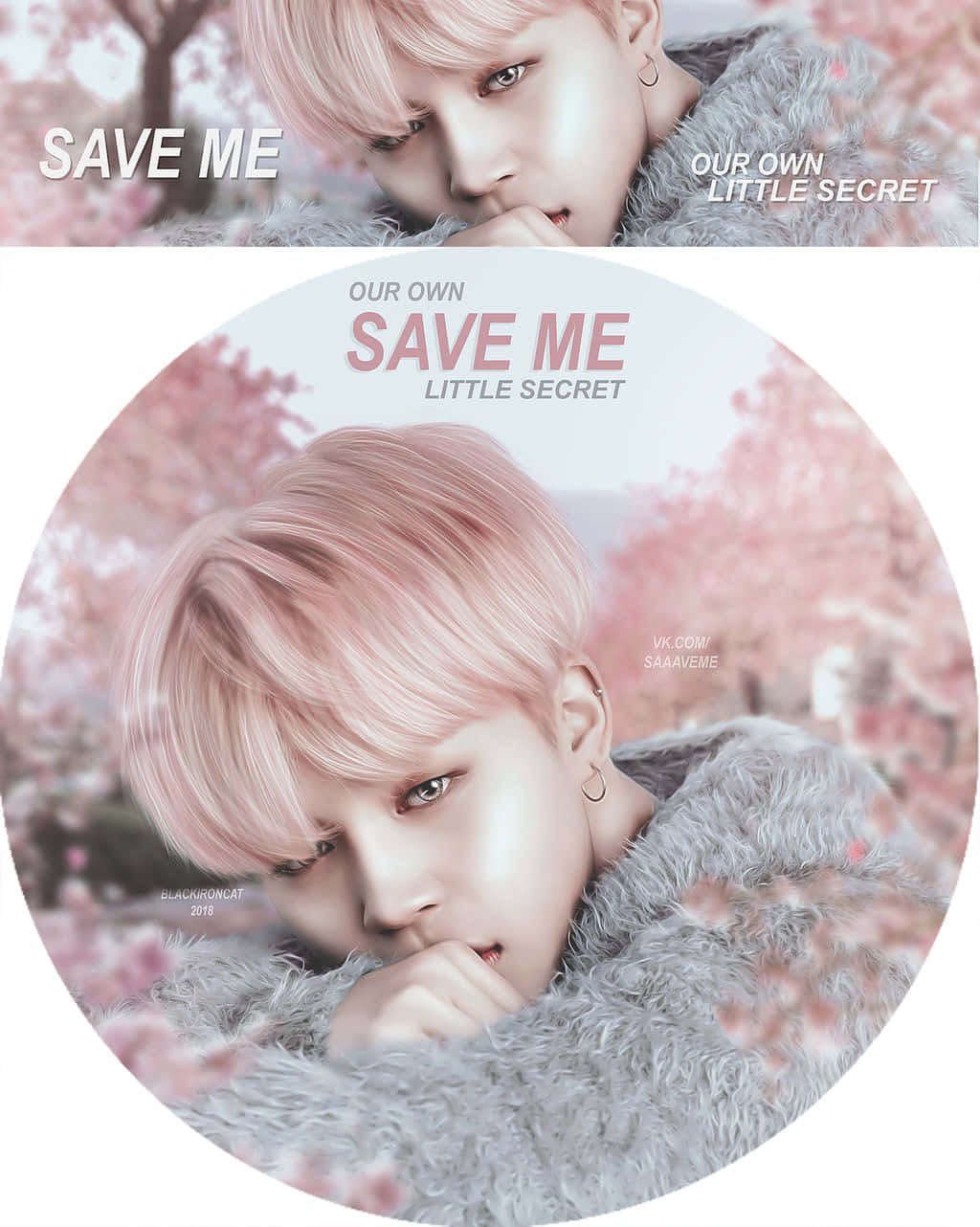 Jimin Aesthetic 桌布 壁紙 — 一位粉紅色頭髮、穿著蓬鬆灰色外套的年輕男子，在柔和的粉紅色櫻花背景下若有所思地凝視。