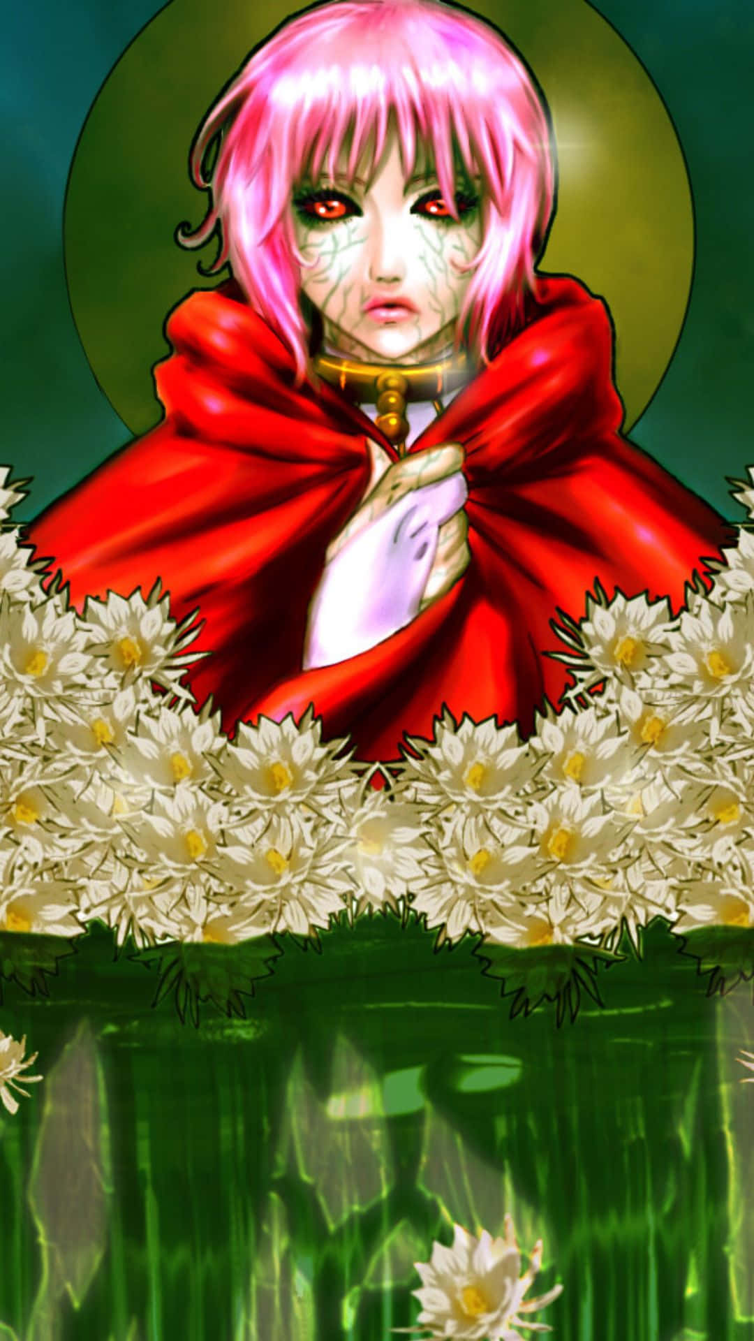 Wolf's Rain Cheza 桌布 壁紙 — 一位粉紅色頭髮、紅色眼睛、白色臉部彩繪的動漫女孩，在綠色水中的白色睡蓮上方穿著紅色斗篷。