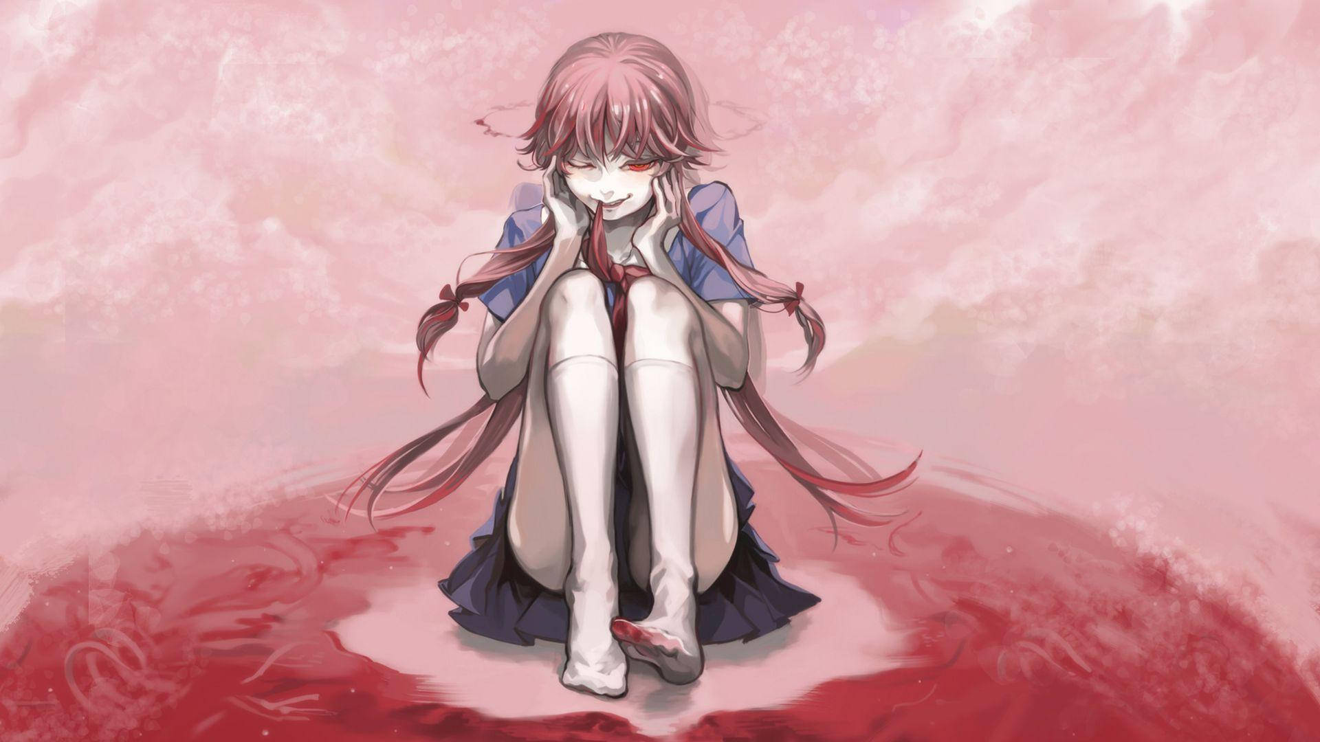 Yuno 桌布 壁紙 — 一位粉紅色頭髮、紅色眼睛的動漫女孩，在柔和的粉紅色背景前，盤腿坐在一灘紅色液體中。
