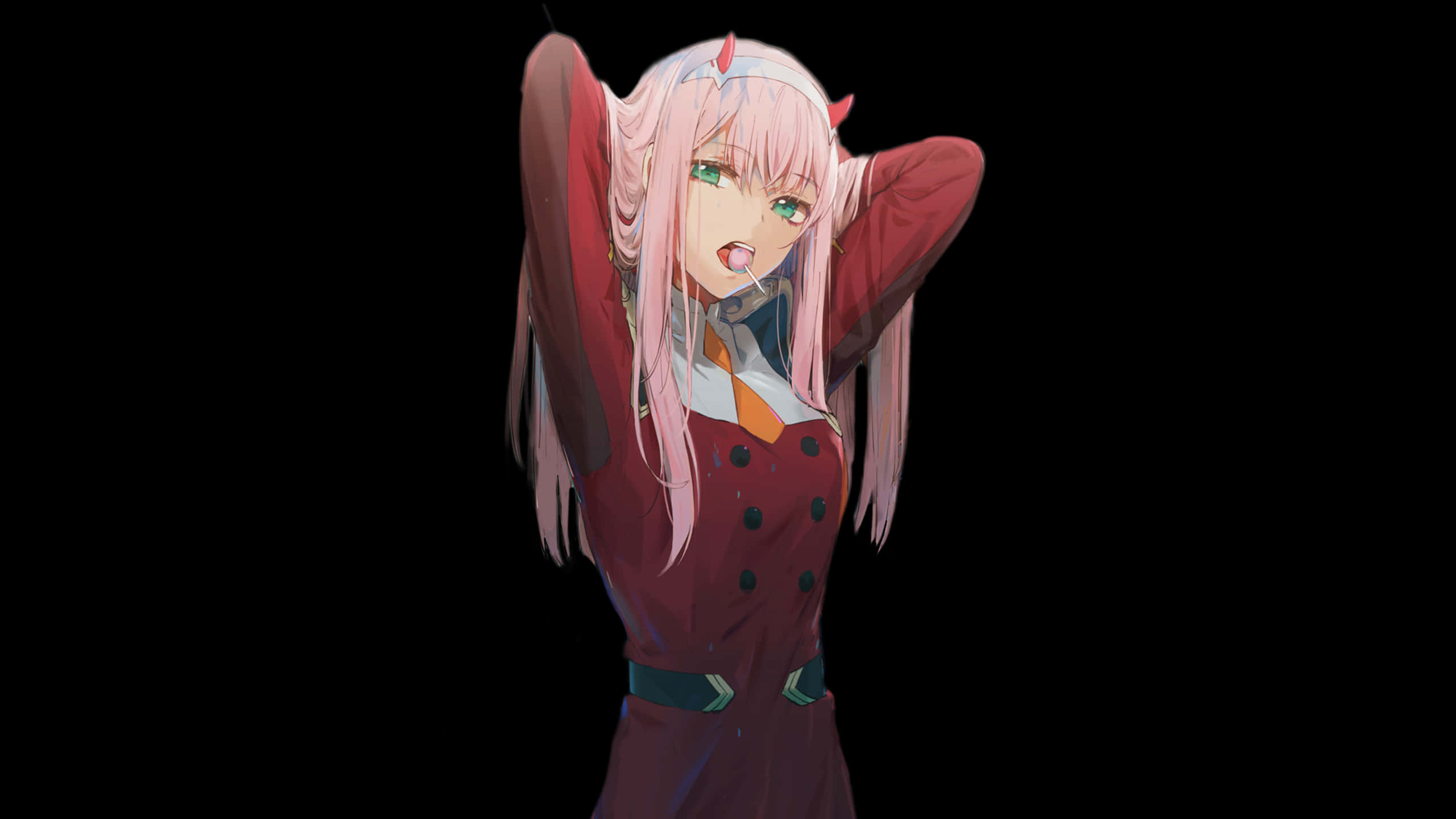DARLING in the FRANXX 桌布 壁紙 — 一位粉紅色頭髮、紅色角的動漫女孩，在黑色背景前穿著紅色外套，頑皮地伸出舌頭。