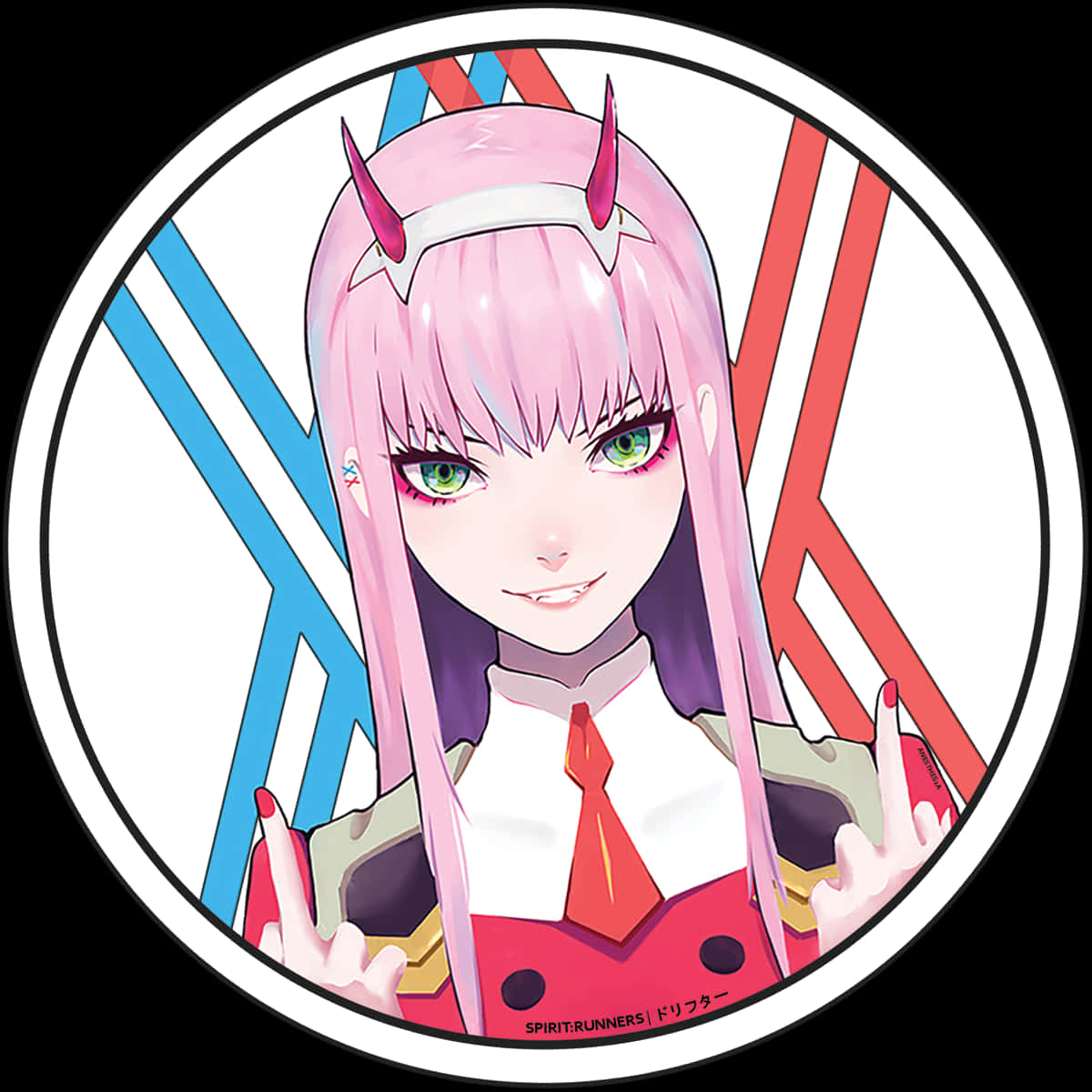 Clip Art 桌布 壁紙 — 一位粉紅色頭髮、綠色眼睛、帶有惡魔角的動漫女孩，在鮮明的紅、藍、白條紋背景前做出和平手勢。