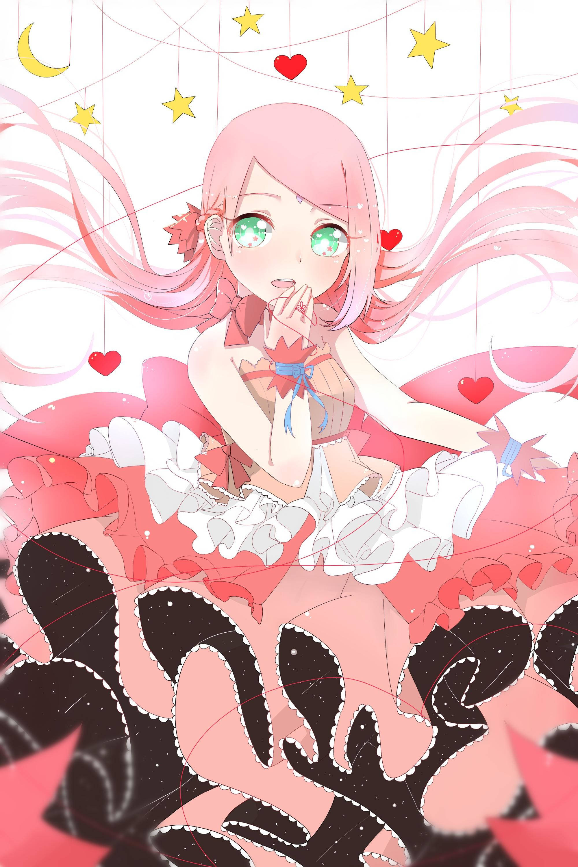 Sakura Haruno 桌布 壁紙 — 一位粉紅色頭髮、綠色眼睛的動漫女孩坐在漂浮的心形和星星之間，營造出夢幻奇妙的場景。