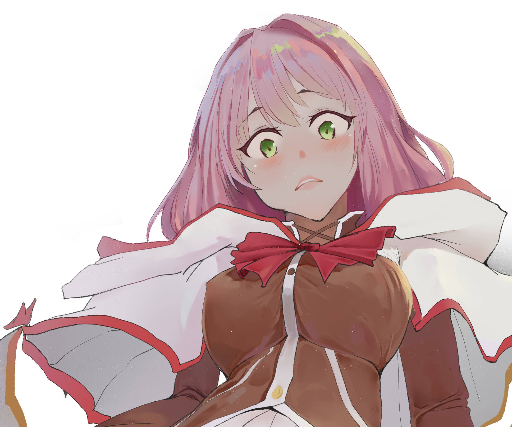 Healer 桌布 壁紙 — 一位粉紅色頭髮、綠色眼睛的動漫女孩，穿著棕色服裝，搭配白色斗篷和紅色蝴蝶結，表情略顯沮喪。