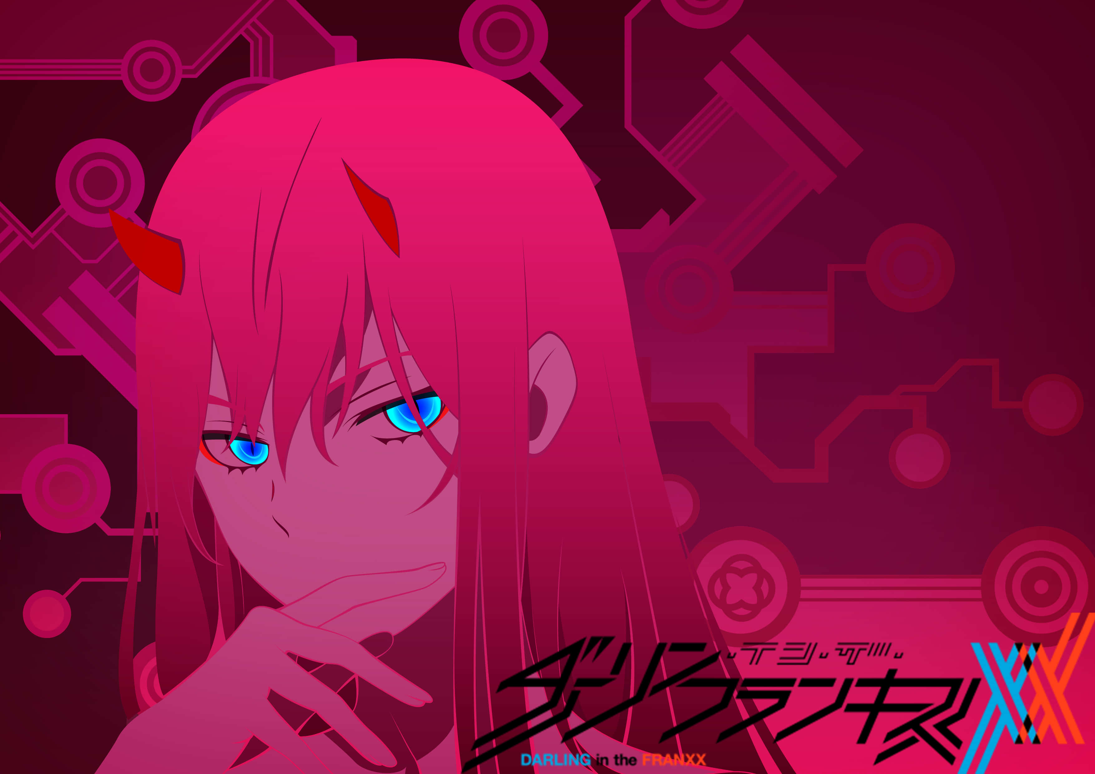 DARLING in the FRANXX 桌布 壁紙 — 一位粉紅色頭髮、藍色眼睛和紅色角的動漫女孩，在電路板背景前若有所思地凝視。
