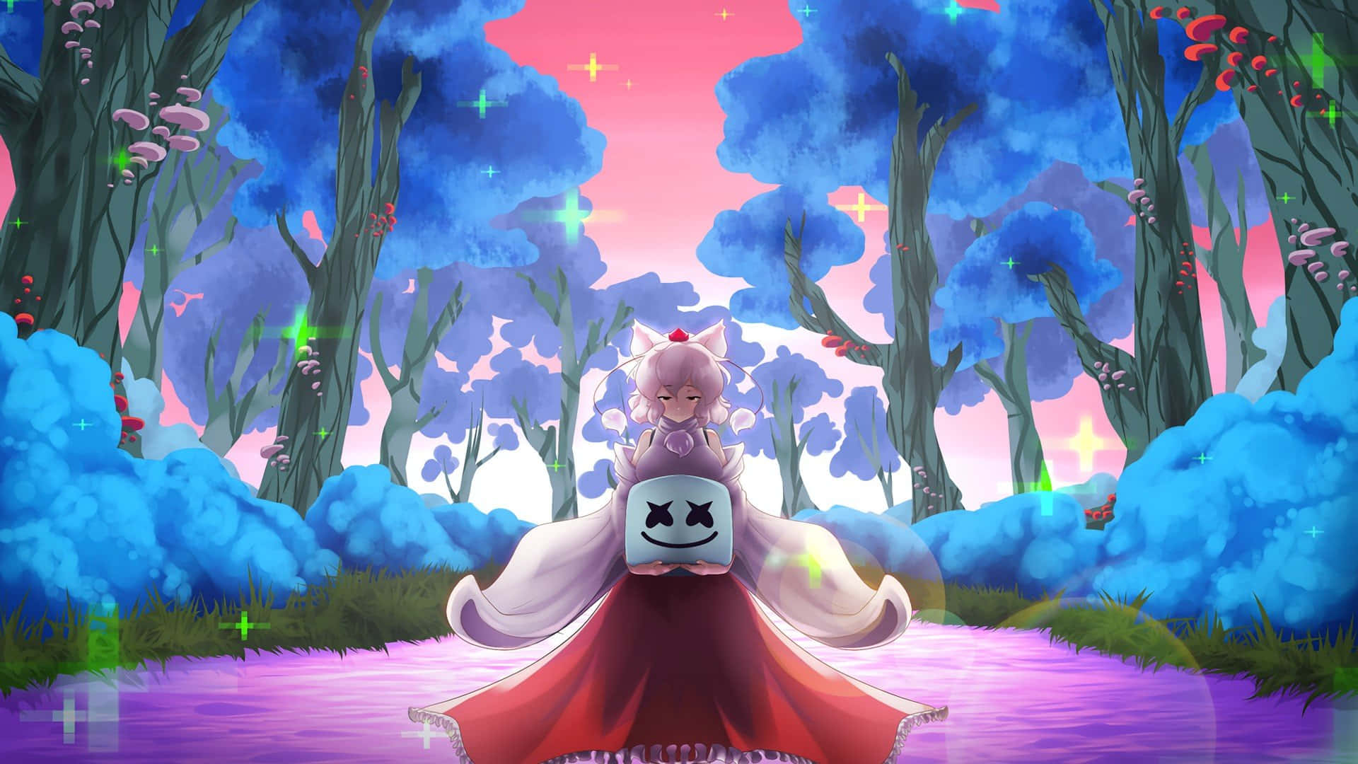 Marshmello 動態圖 桌布 壁紙 — 一位粉紅色頭髮、貓耳朵的動漫女孩坐在微笑的方塊上，身處一個有發光藍色樹木和粉紅色天空的超現實森林中。