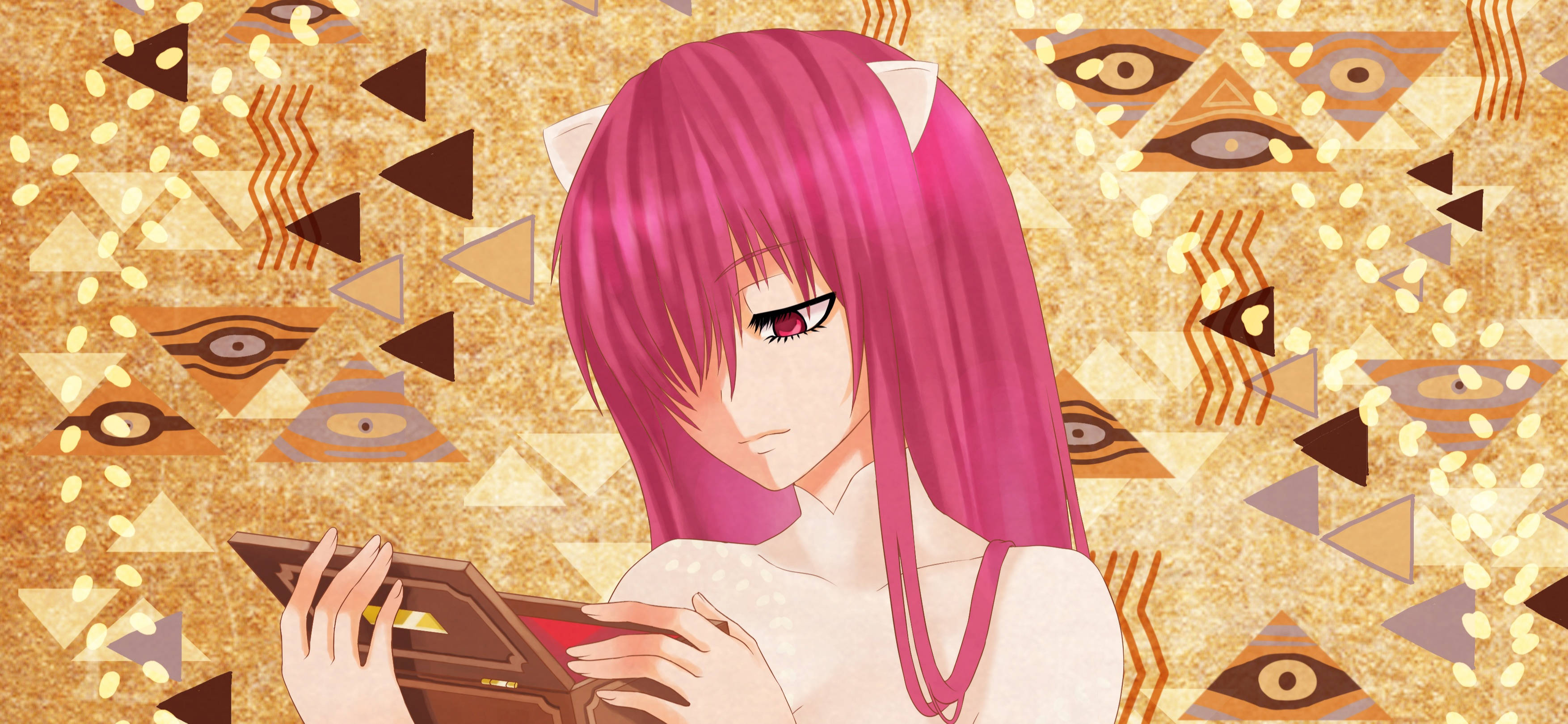 Elfen Lied 桌布 壁紙 — 一位粉紅色頭髮、貓耳朵的動漫女孩在金色重複眼睛圖案背景上閱讀一本書。