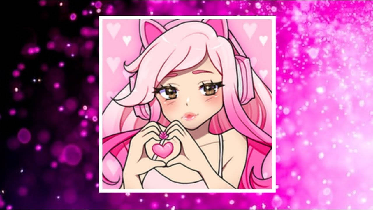 Leah Ashe 桌布 壁紙 — 一位粉紅色頭髮、貓耳的女動漫角色在閃爍的粉紅和紫色背景前用手比出心形。