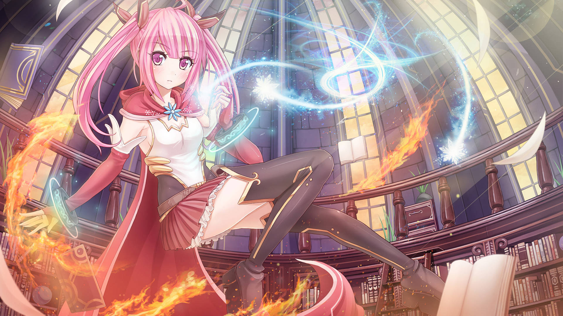 Fire Anime 桌布 壁紙 — 一位粉紅色頭髮、長有角的動漫女孩在一個充滿發光書籍的宏偉圖書館中引導火與冰的魔法。