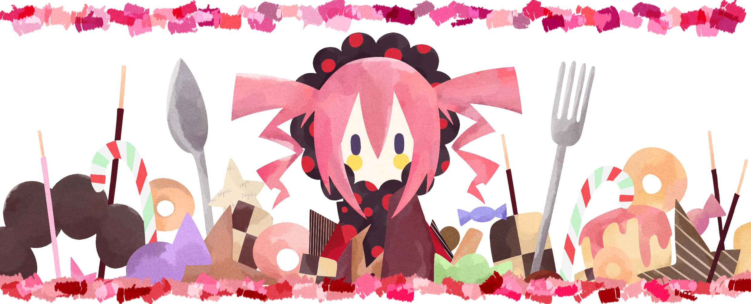puella magi madoka magica 桌布 壁紙 — 一位粉紅色頭髮帶有波點圖案的動漫女孩，站在色彩繽紛的糖果主題場景中，周圍有工具和甜點。