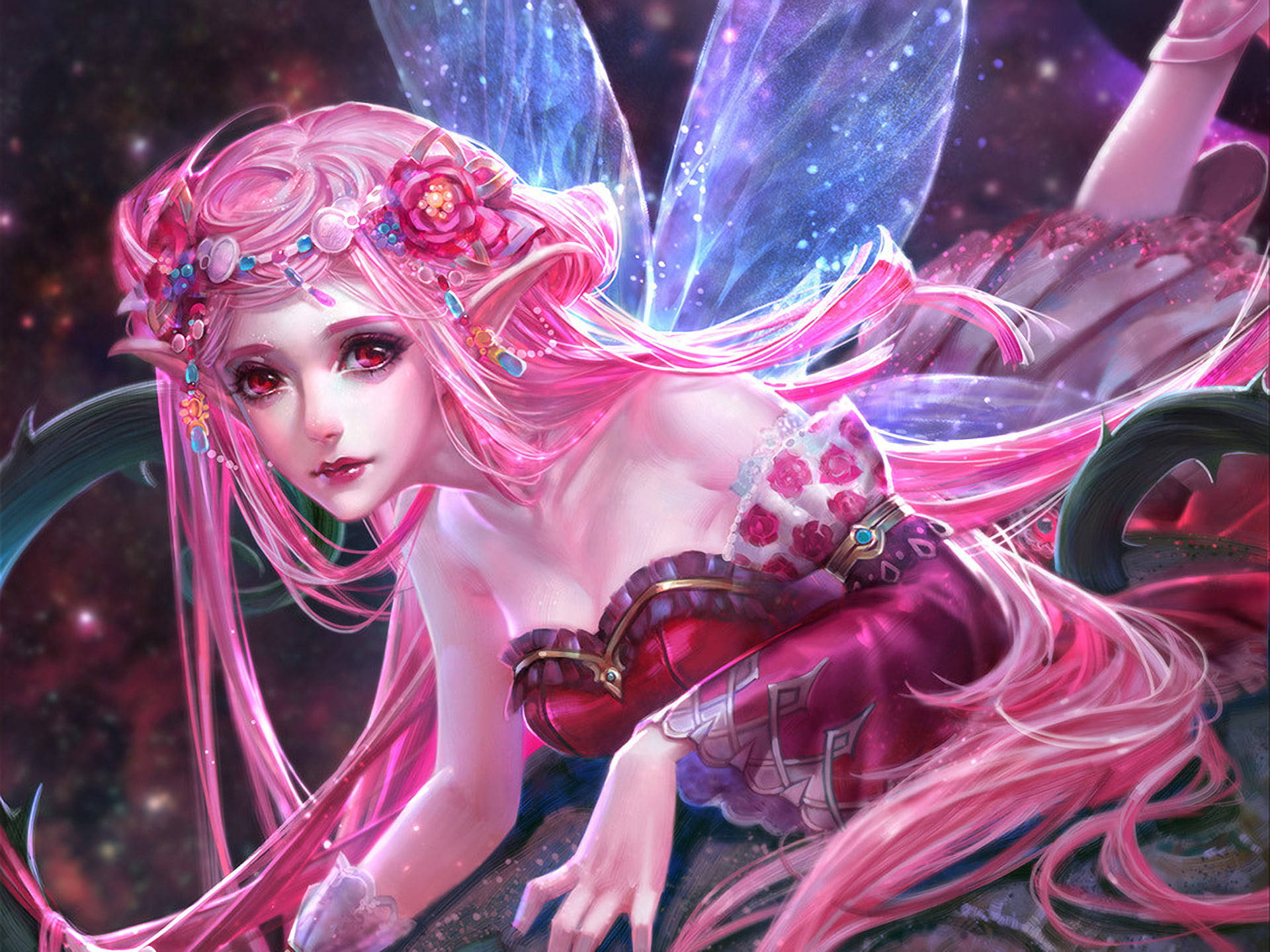 粉紅色頭髮的仙女，發光的翅膀漂浮在星空空間中。 — 仙女 GIF 壁紙