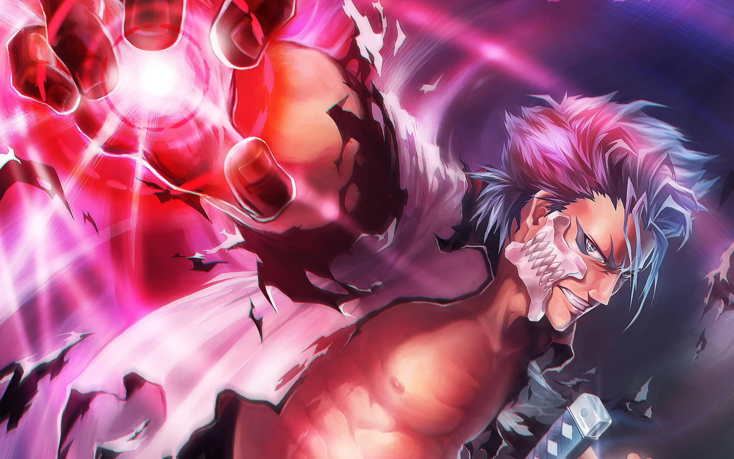 Grimmjow 桌布 壁紙 — 一位粉紅色頭髮的兇猛動漫戰士在黑暗的宇宙背景下釋放出熾熱的紅色能量爆炸。