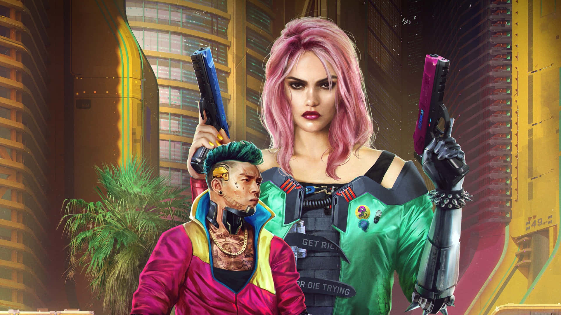 1080p Cyberpunk 2077 桌布 壁紙 — 一位粉紅色頭髮的兇猛女子和一位紋身男子穿著賽博龐克裝備，在霓虹燈點亮的城市景觀前持槍。