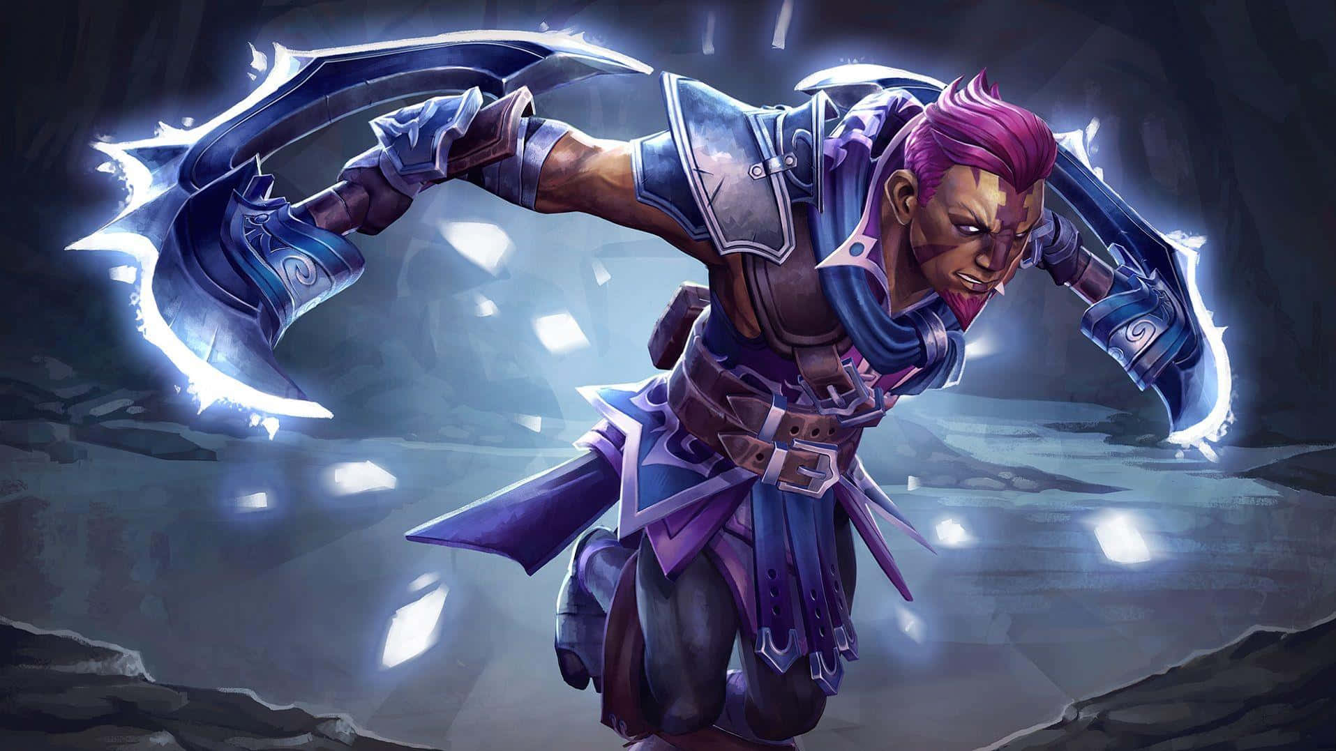 Anti-mage 桌布 壁紙 — 一位粉紅色頭髮的兇猛戰士在黑暗洞穴般的環境中揮舞著發光的藍色鐮刀。