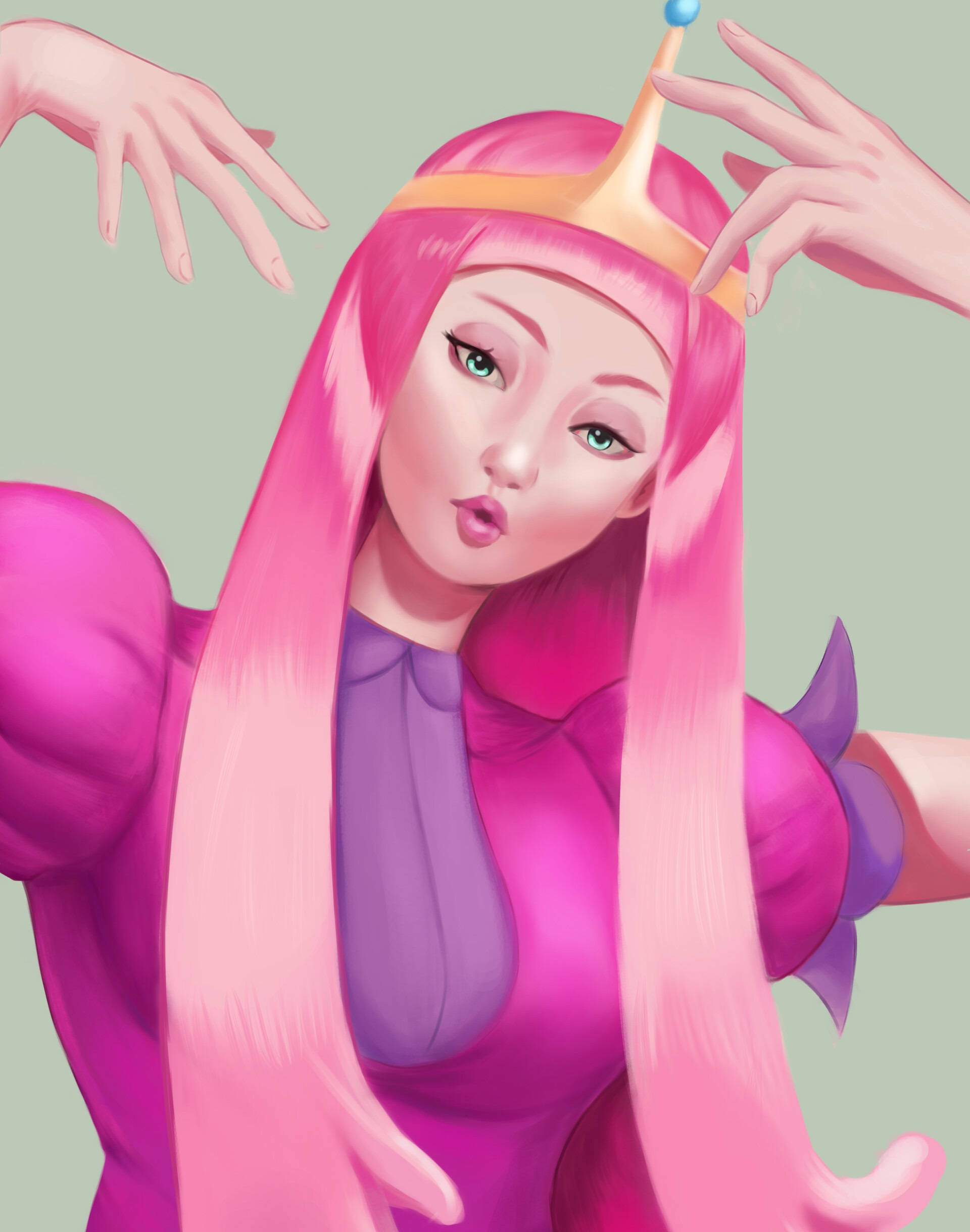 Princess 桌布 壁紙 — 一位粉紅色頭髮的公主穿著鮮豔的粉紅色禮服和皇冠，在柔和的綠色背景前，雙手調整她的皇冠時，頑皮地噘起嘴唇。