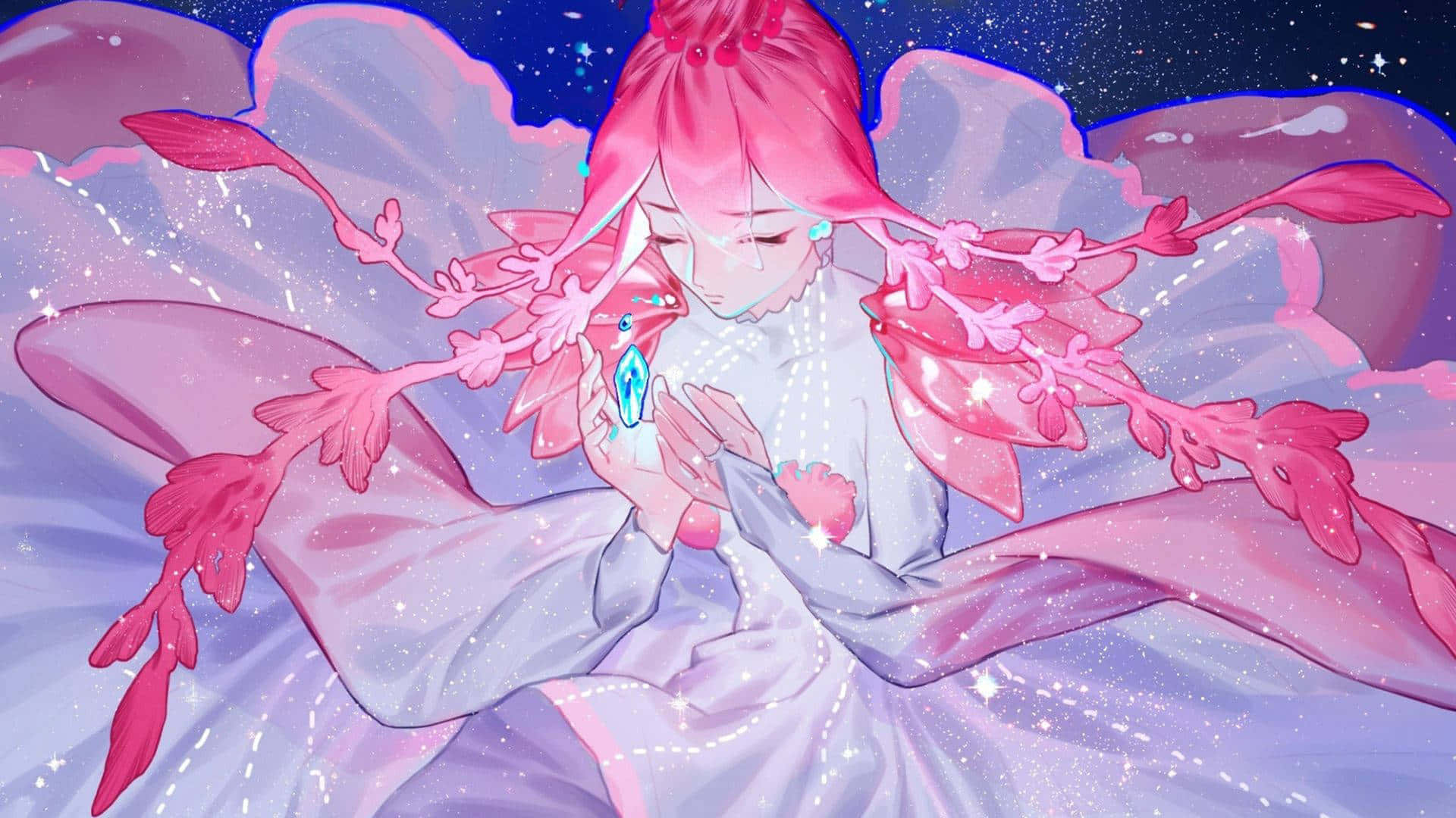 粉色動漫美學 桌布 壁紙 — 一位粉紅色頭髮的動漫仙子，擁有花卉翅膀，懷抱著一顆發光的藍色寶石，背景是星光燦爛的宇宙。