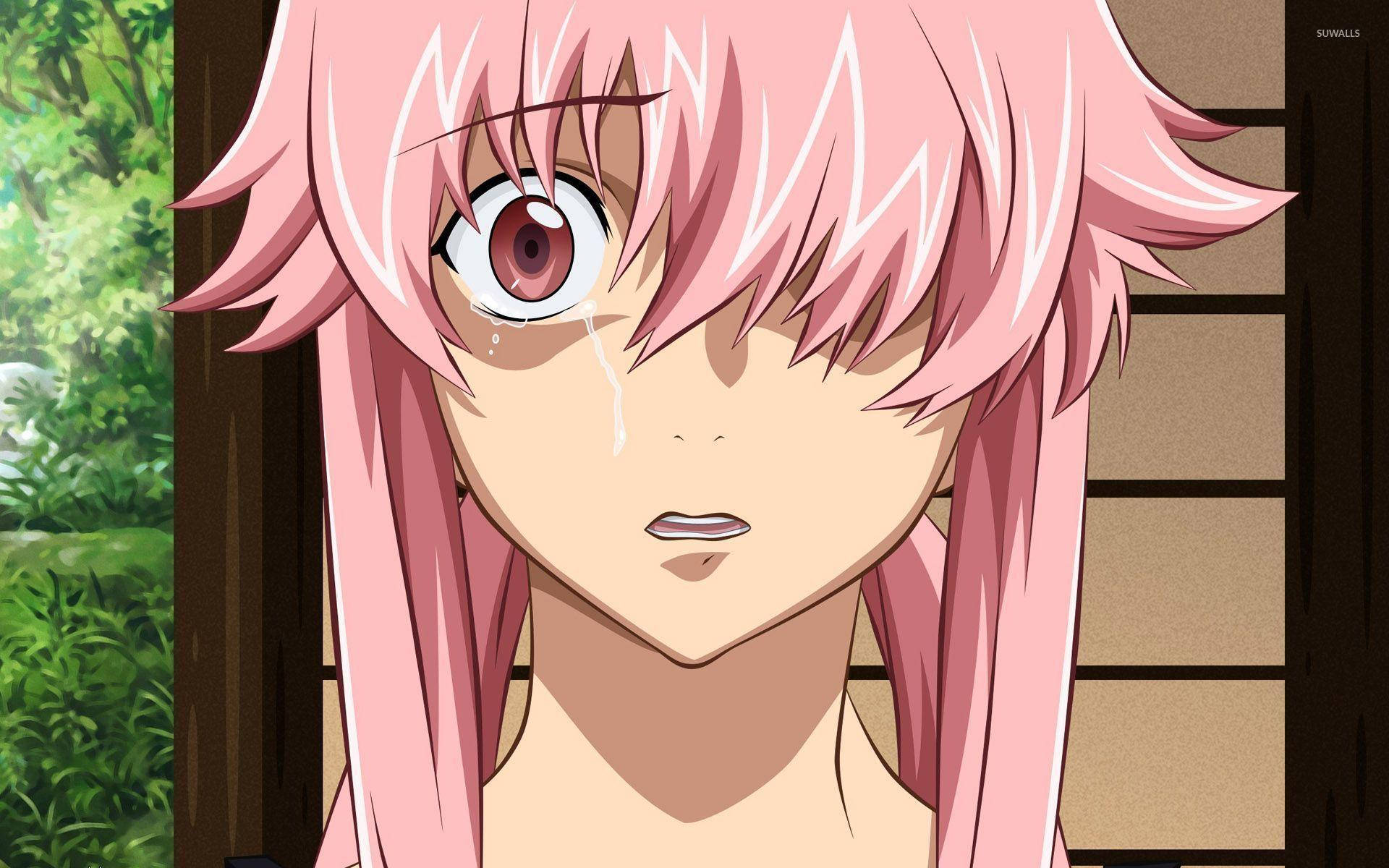 Yuno 桌布 壁紙 — 一位粉紅色頭髮的動漫女孩，一滴眼淚從她的眼睛落下，透過木製窗框向前凝視。