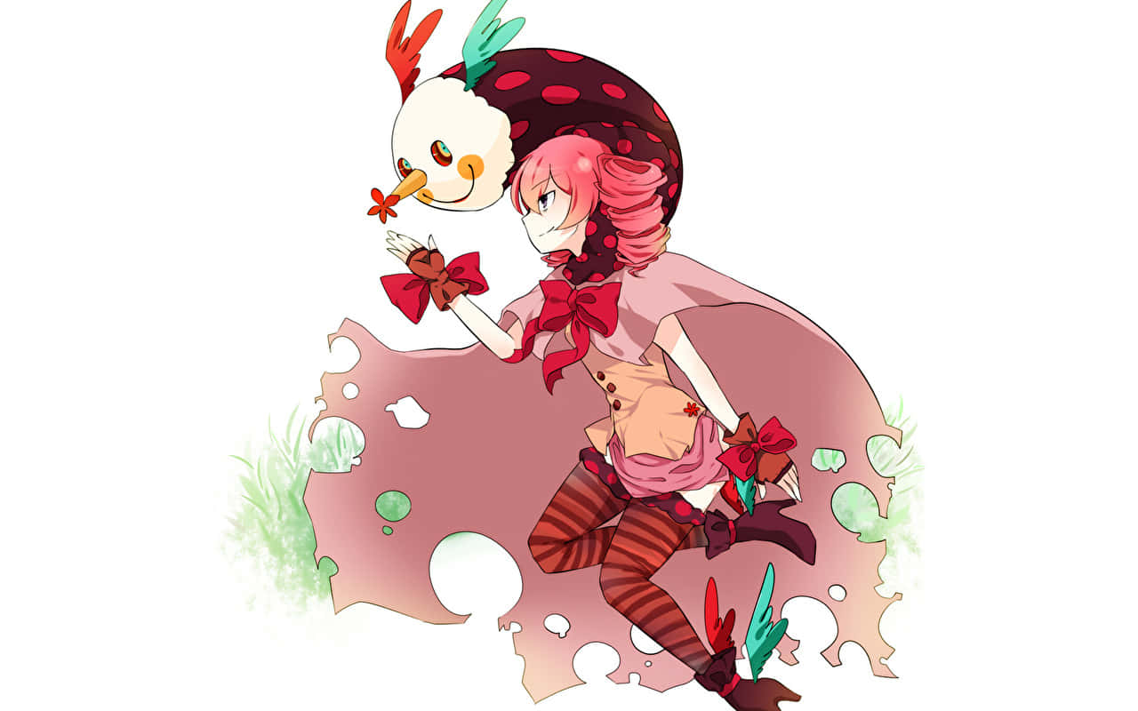 puella magi madoka magica 桌布 壁紙 — 一位粉紅色頭髮的動漫女孩，戴著圓點帽和紅色蝴蝶結，蹲在一隻微笑的彩色羽毛雞旁邊。