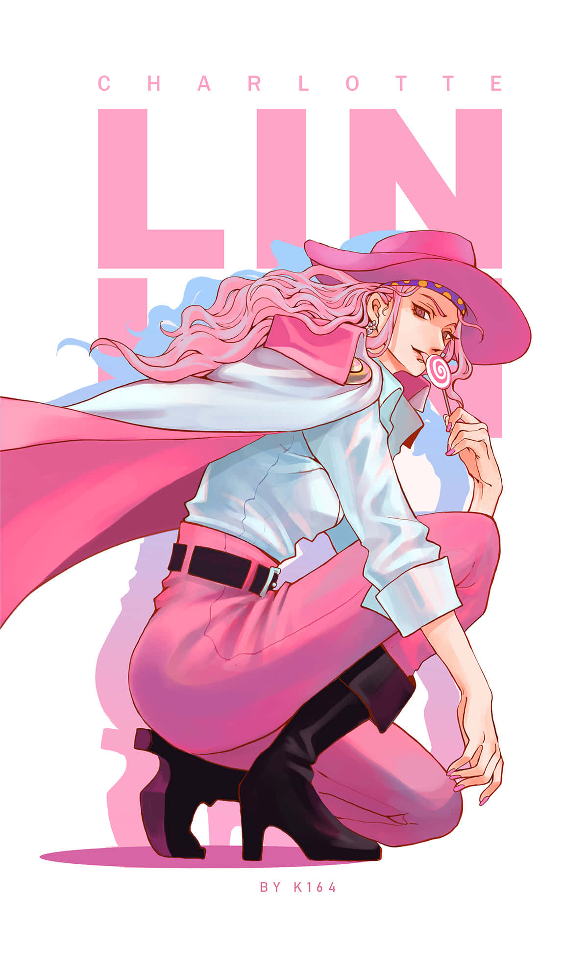 Charlotte Linlin 桌布 壁紙 — 一位粉紅色頭髮的動漫女孩，戴著粉紅色牛仔帽和披風，蹲著拿著棒棒糖，背景是醒目的粉紅色文字。