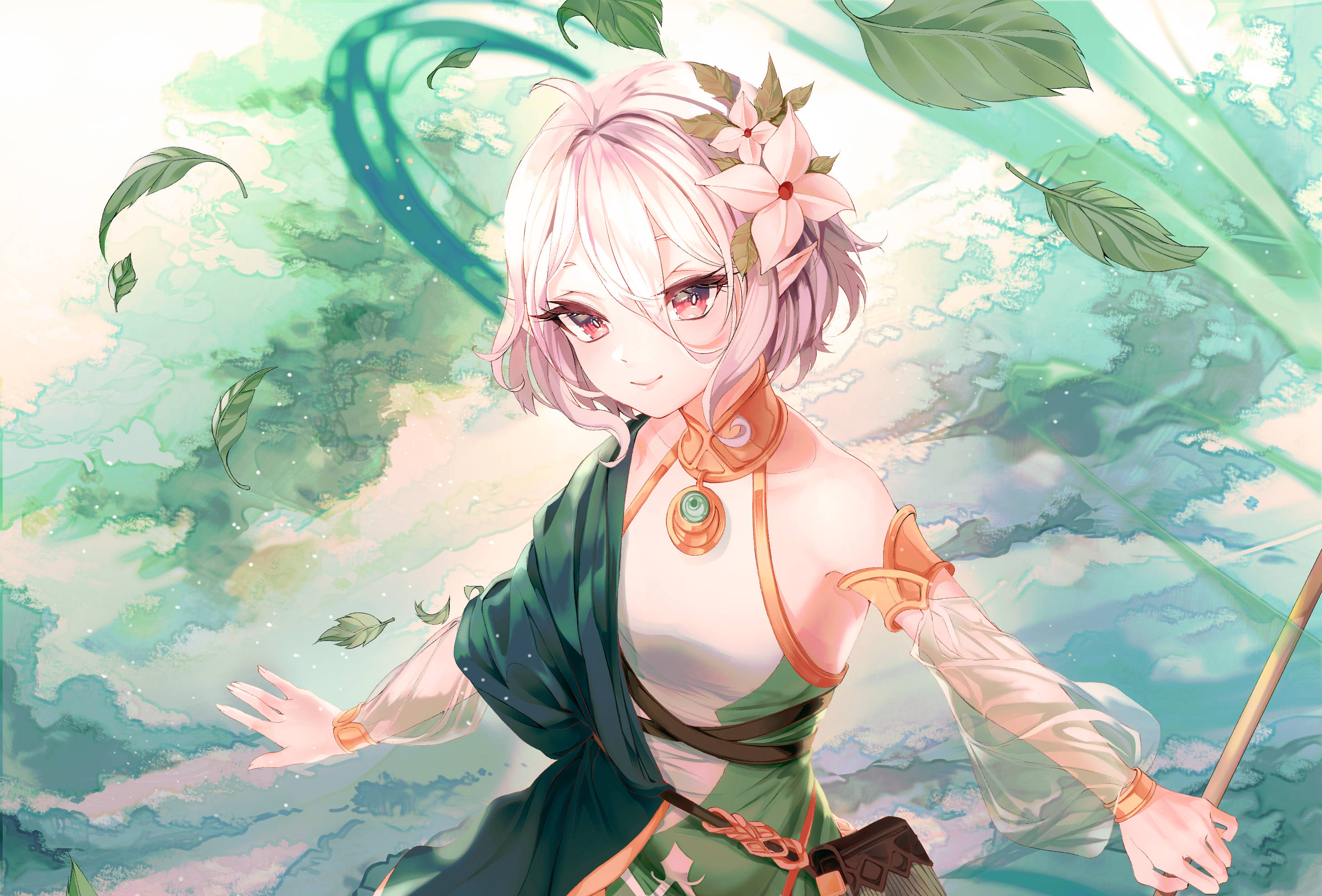精靈 桌布 壁紙 — 一位粉紅色頭髮的動漫女孩，戴著花卉髮飾，在旋轉的綠葉和空靈的光芒中漂浮。