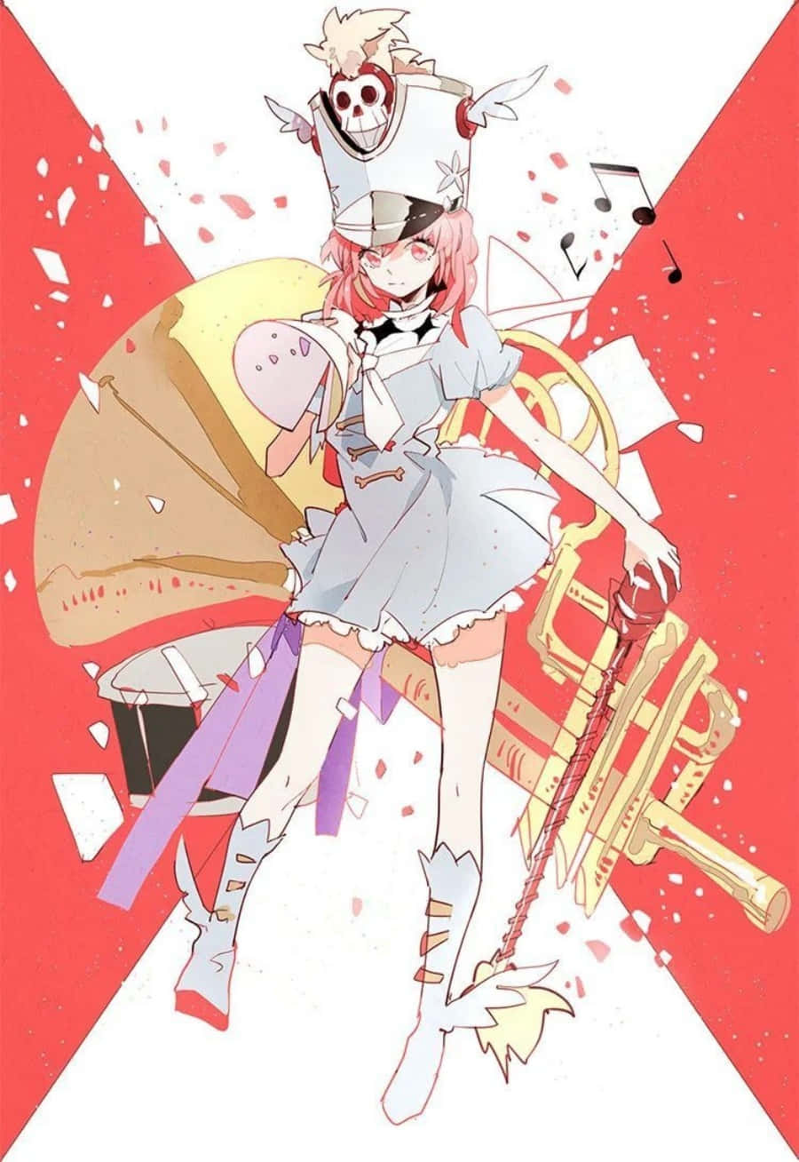 Nonon Jakuzure 桌布 壁紙 — 一位粉紅色頭髮的動漫女孩，戴著骷髏帽，穿著淺藍色連衣裙，站在破碎的樂器中間，背景是鮮明的紅色和白色。