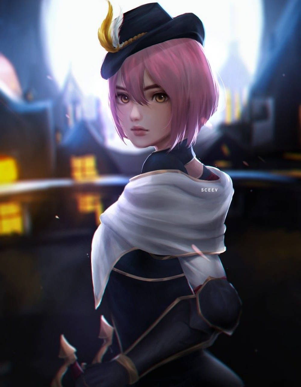 Mobile Legends 動態圖 桌布 壁紙 — 一位粉紅色頭髮的動漫女孩，戴著黑色帽子和白色圍巾，夜晚站在燈光昏暗的城市小巷中，身後有發光的窗戶。