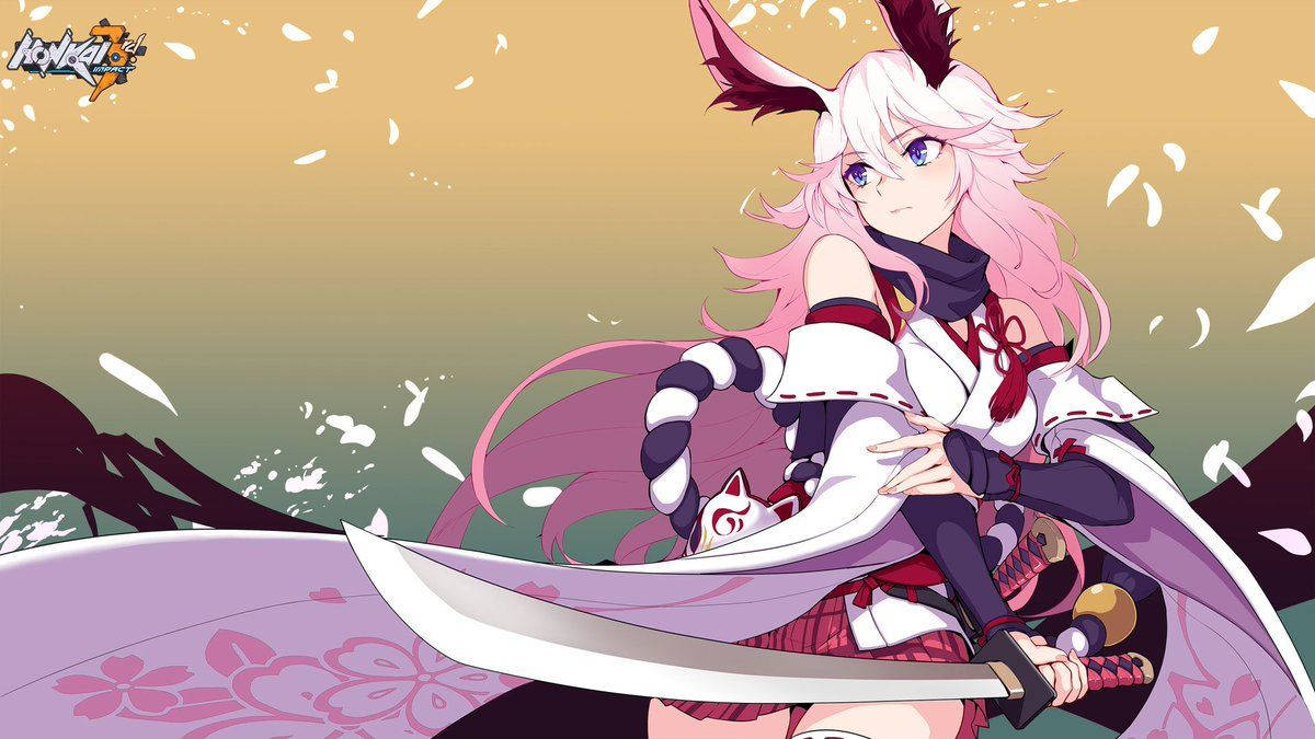 Miko 桌布 壁紙 — 一位粉紅色頭髮的動漫女孩，擁有狐狸耳朵，在漸層天空下揮舞著武士刀，周圍櫻花飄落。