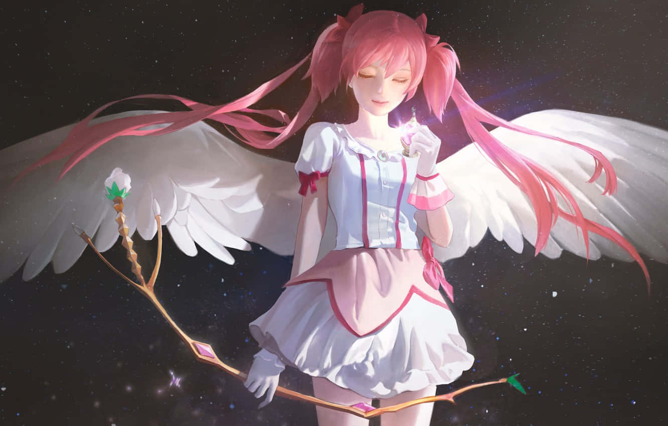 puella magi madoka magica 桌布 壁紙 — 一位粉紅色頭髮的動漫女孩，擁有白色翅膀，在星空夜空中手持發光法杖。