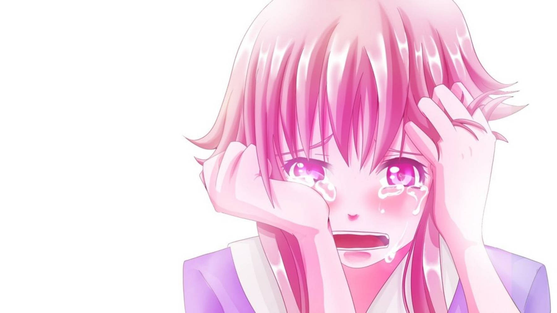 粉紅色頭髮的動漫女孩，雙手放在頭上，流下光之淚。 — 憂鬱動漫女孩 GIF 壁紙