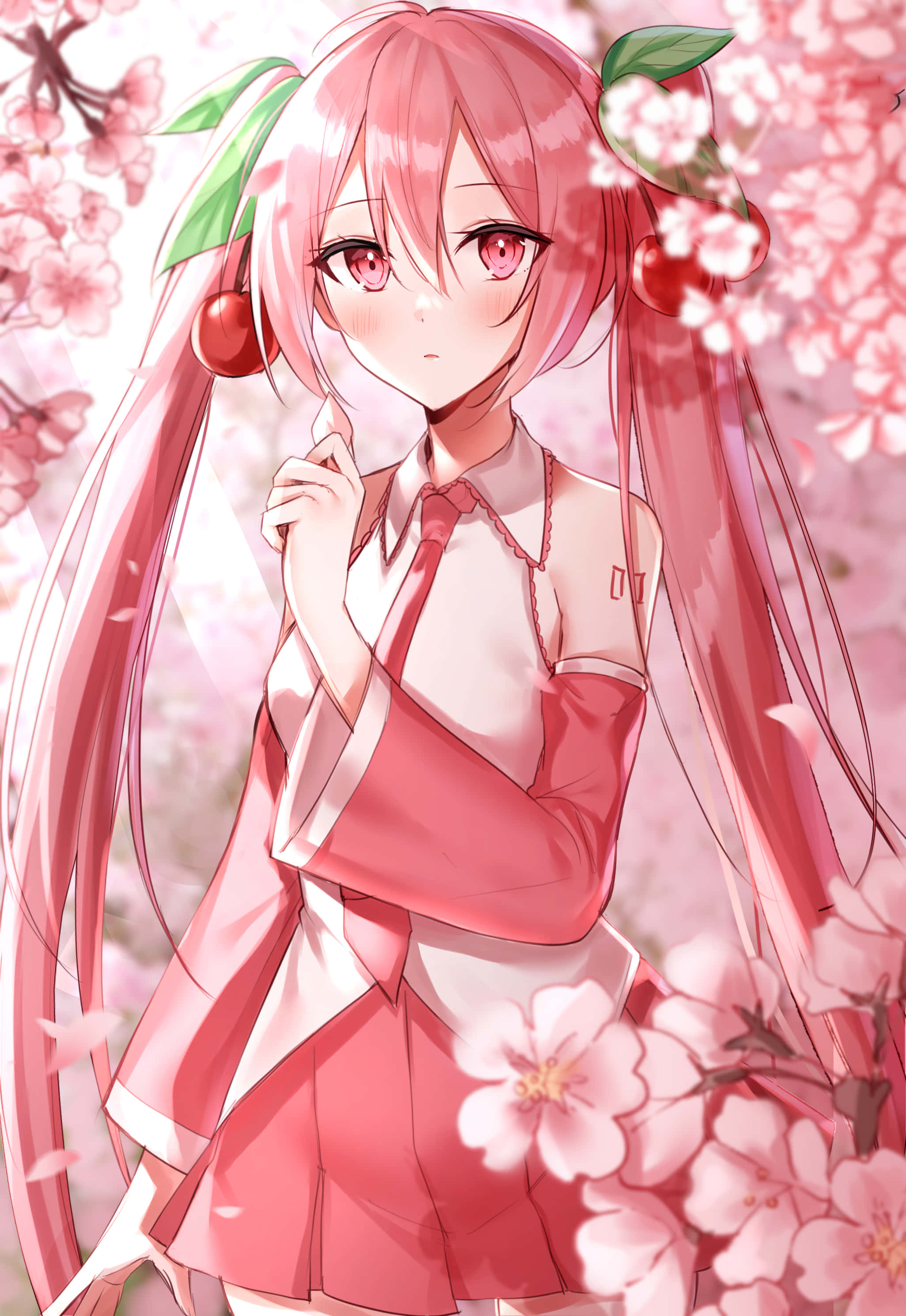 miku 桌布 壁紙 — 一位粉紅色頭髮的動漫女孩，穿著櫻花主題的服裝，頭髮上戴著櫻桃，站在飄落的花瓣中。