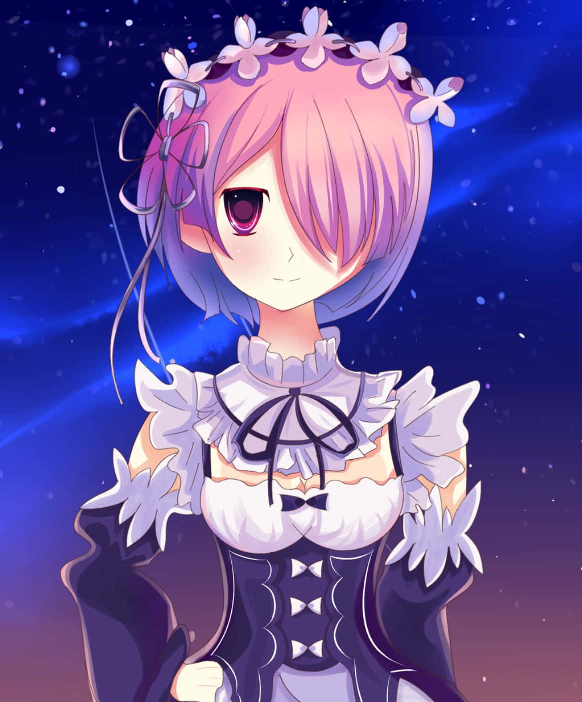 Re Zero Ram 桌布 壁紙 — 一位粉紅色頭髮的動漫女孩，穿著白色荷葉邊女僕裝，戴著花卉頭帶，站在繁星點點的暮色天空下。