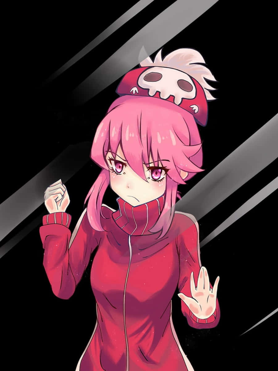 Nonon Jakuzure 桌布 壁紙 — 一位粉紅色頭髮的動漫女孩，穿著紅色連帽衫和骷髏帽，站在帶有對角光線的純黑色背景前。