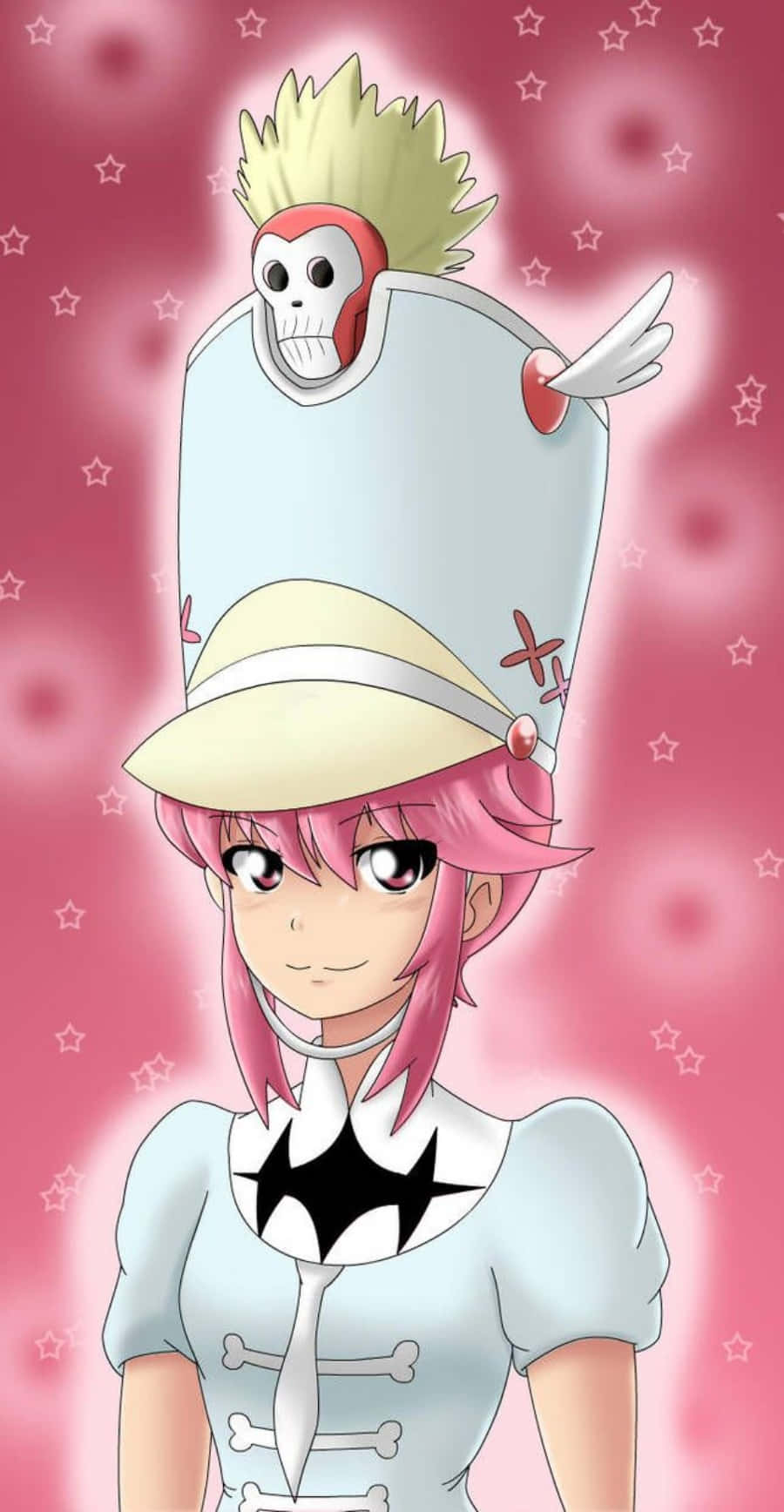 Nonon Jakuzure 桌布 壁紙 — 一位粉紅色頭髮的動漫女孩，穿著骨頭主題的制服，高帽上有一隻骷髏猴子，背景是粉紅色的星空。