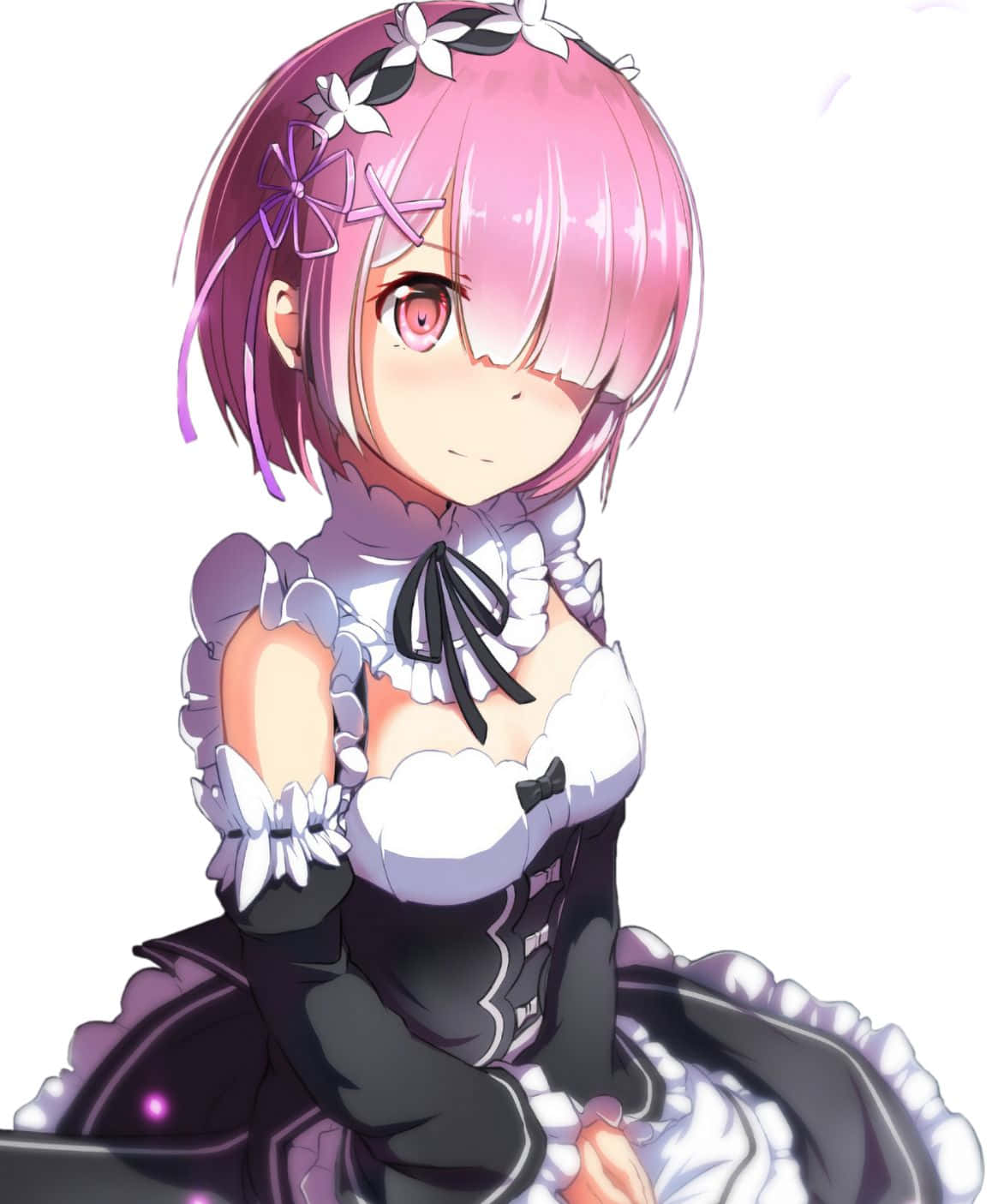 Re Zero Ram 桌布 壁紙 — 一位粉紅色頭髮的動漫女孩，穿著黑白女僕裝，戴著花卉頭帶，在純白背景前溫柔地凝視。