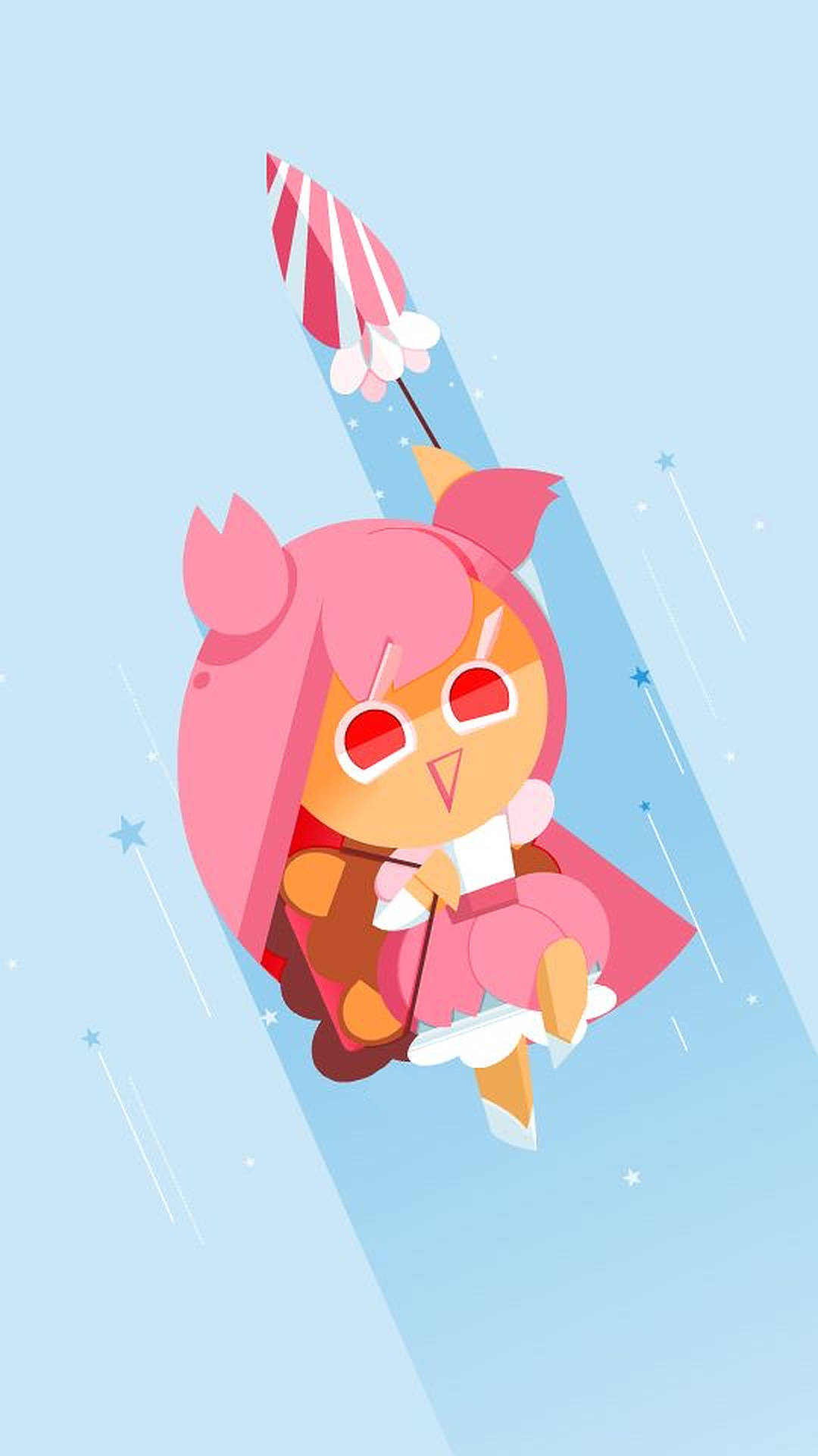 Cookie Run 桌布 壁紙 — 一位粉紅色頭髮的動漫女孩，紅色眼睛，手持條紋火箭，在淺藍色天空中有星星和條紋，向上漂浮。