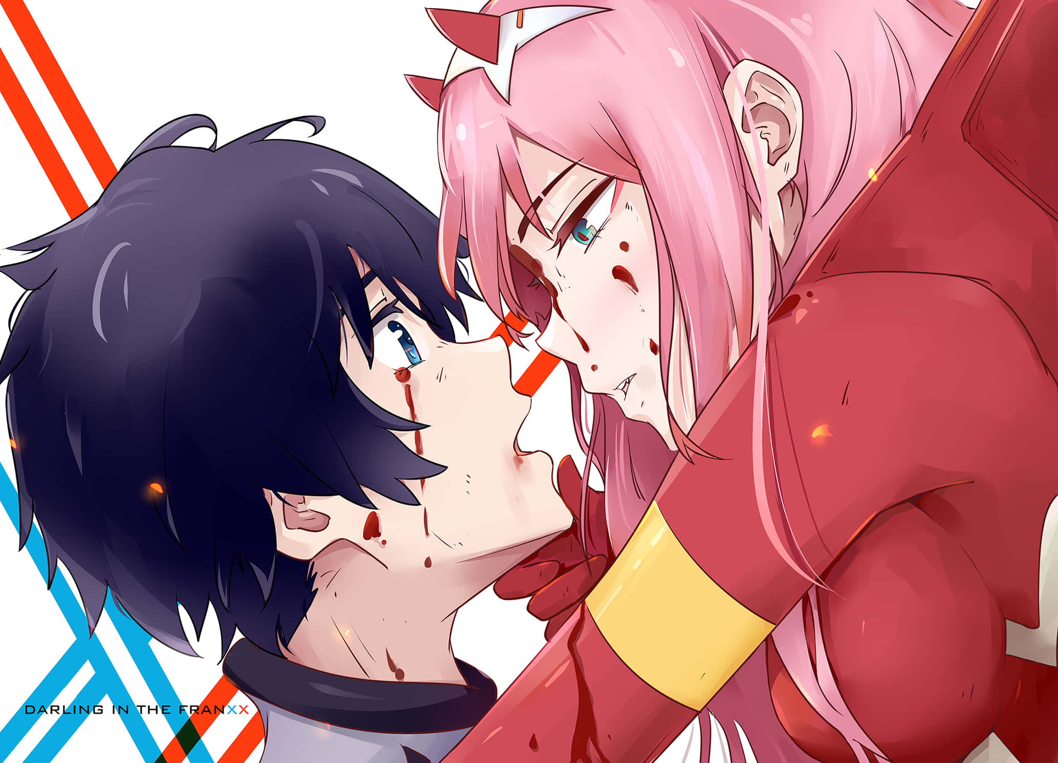 DARLING in the FRANXX 桌布 壁紙 — 一位粉紅色頭髮的動漫女孩，臉上沾滿鮮血，俯身親吻一個臉頰上滴著血的深色頭髮男孩。